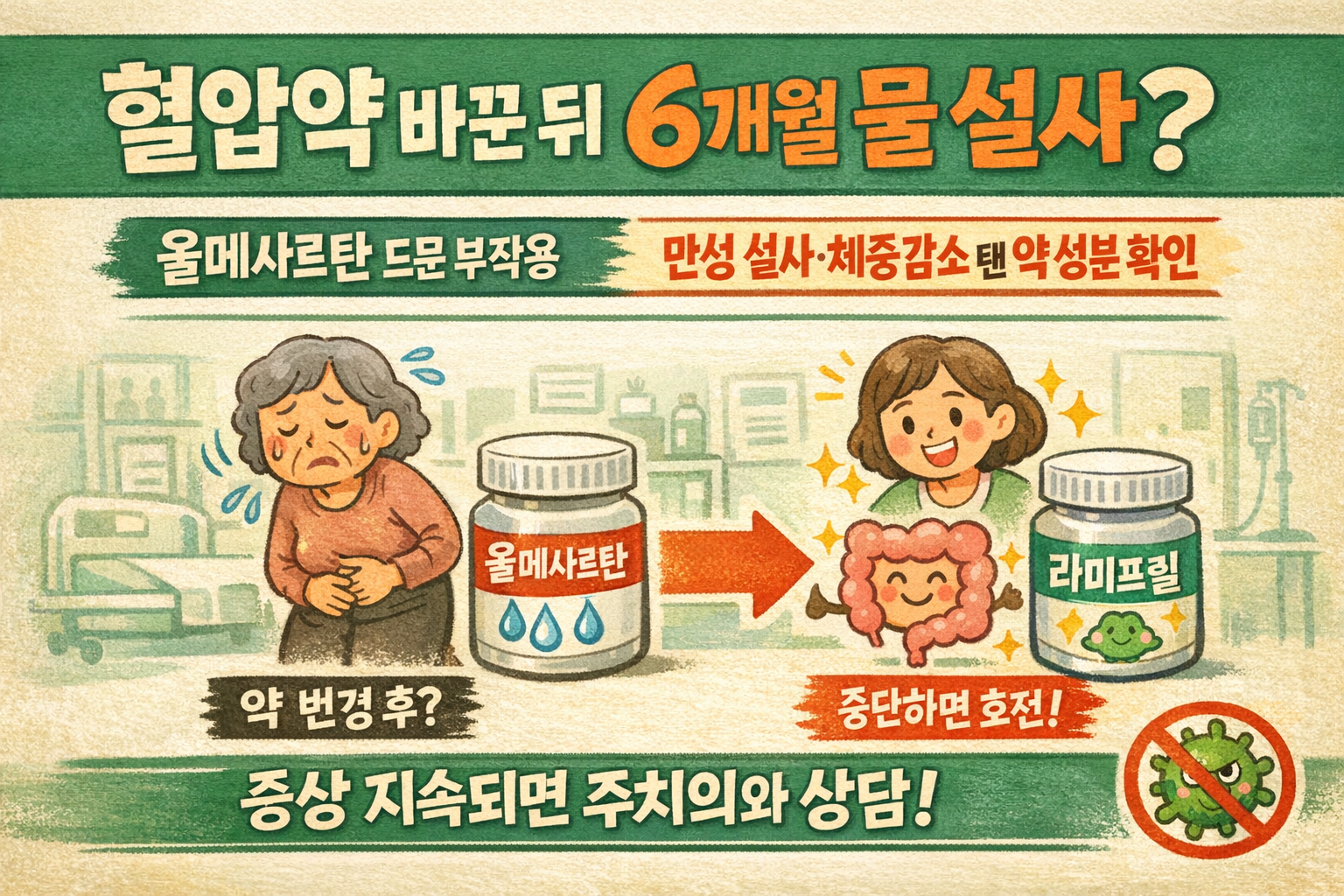혈압약 올메사르탄으로 바꾼 뒤 6개월 물설사·체중감소…‘스프루 유사 장질환’ 의심 신호