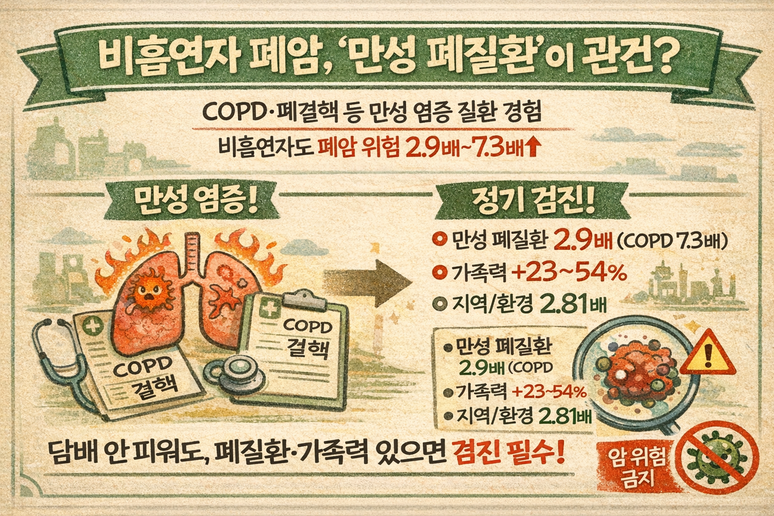 비흡연자 폐암 위험 7배 높이는 ‘만성 폐질환’…COPD·폐결핵·가족력까지 핵심 정리