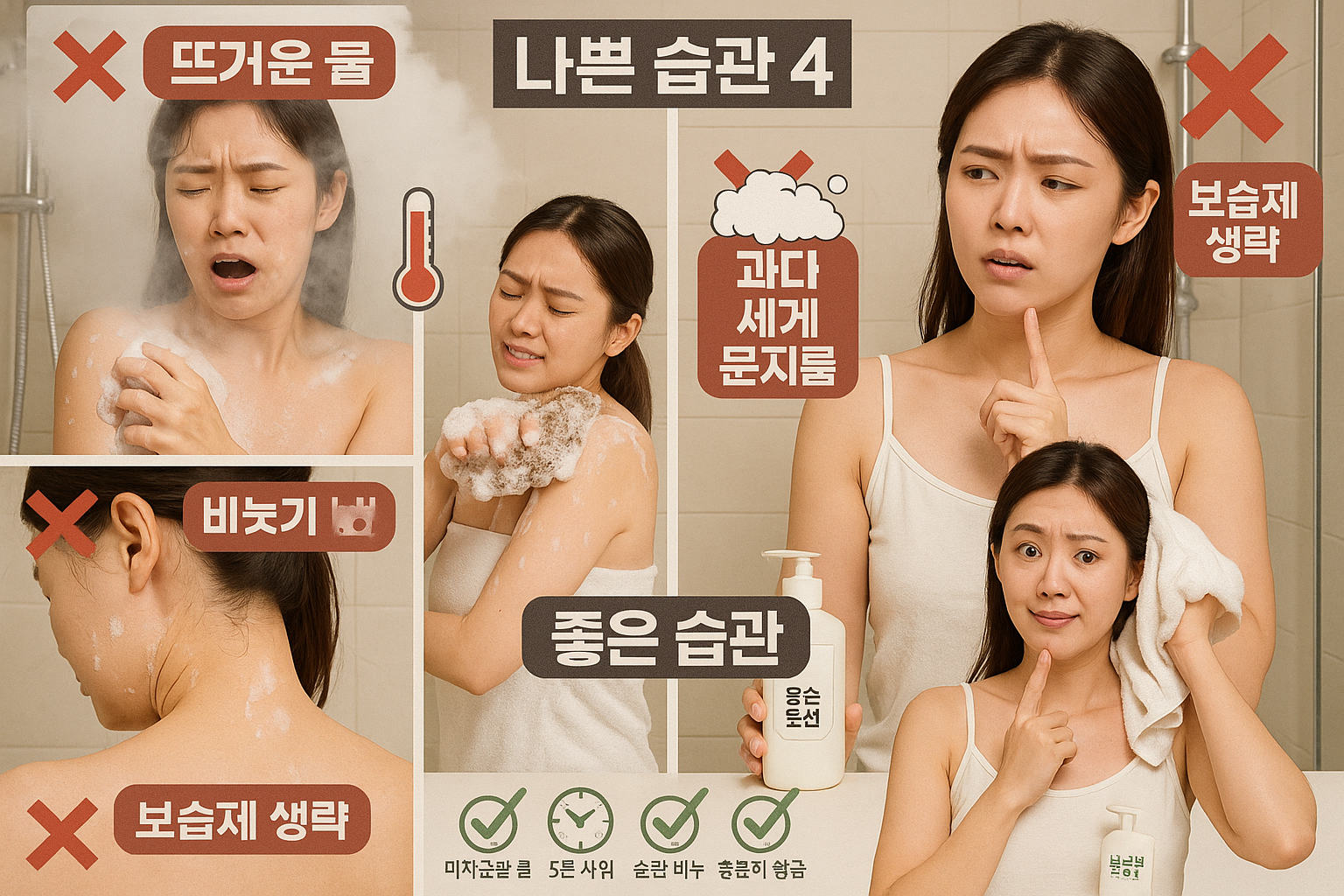 각질·건조 부르는 최악의 샤워 습관 4가지｜뜨거운 물·과세정·불완전 헹굼·보습 생략