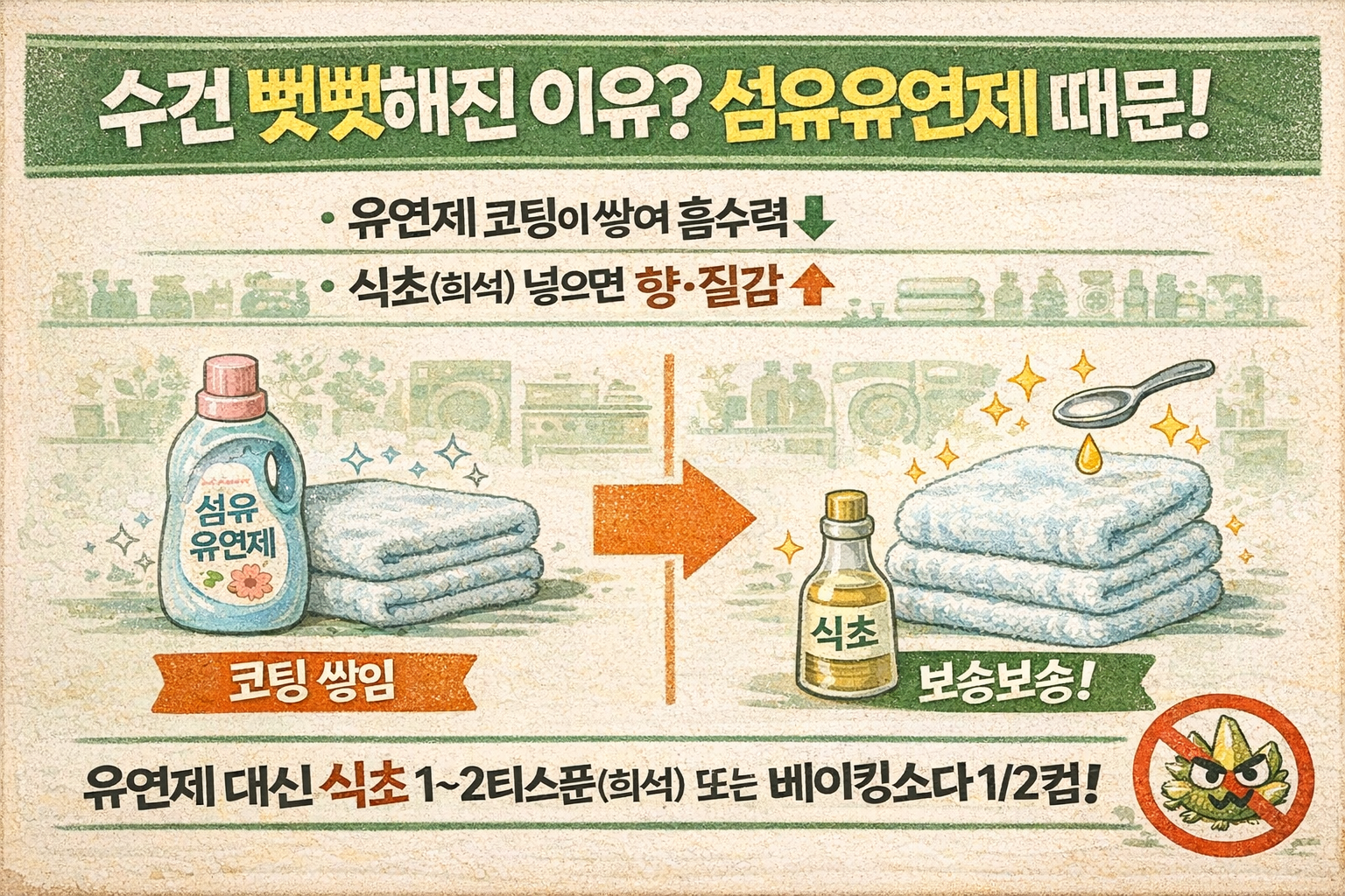 수건이 더 뻣뻣해진 진짜 이유… 섬유유연제 끊고 ‘식초 1~2티스푼’ 넣는 세탁법(냄새·흡수력 해결)