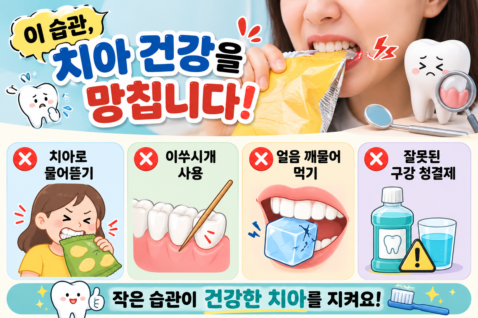 치아 건강 망치는 나쁜 습관 4가지|얼음·이쑤시개·구강청결제 주의