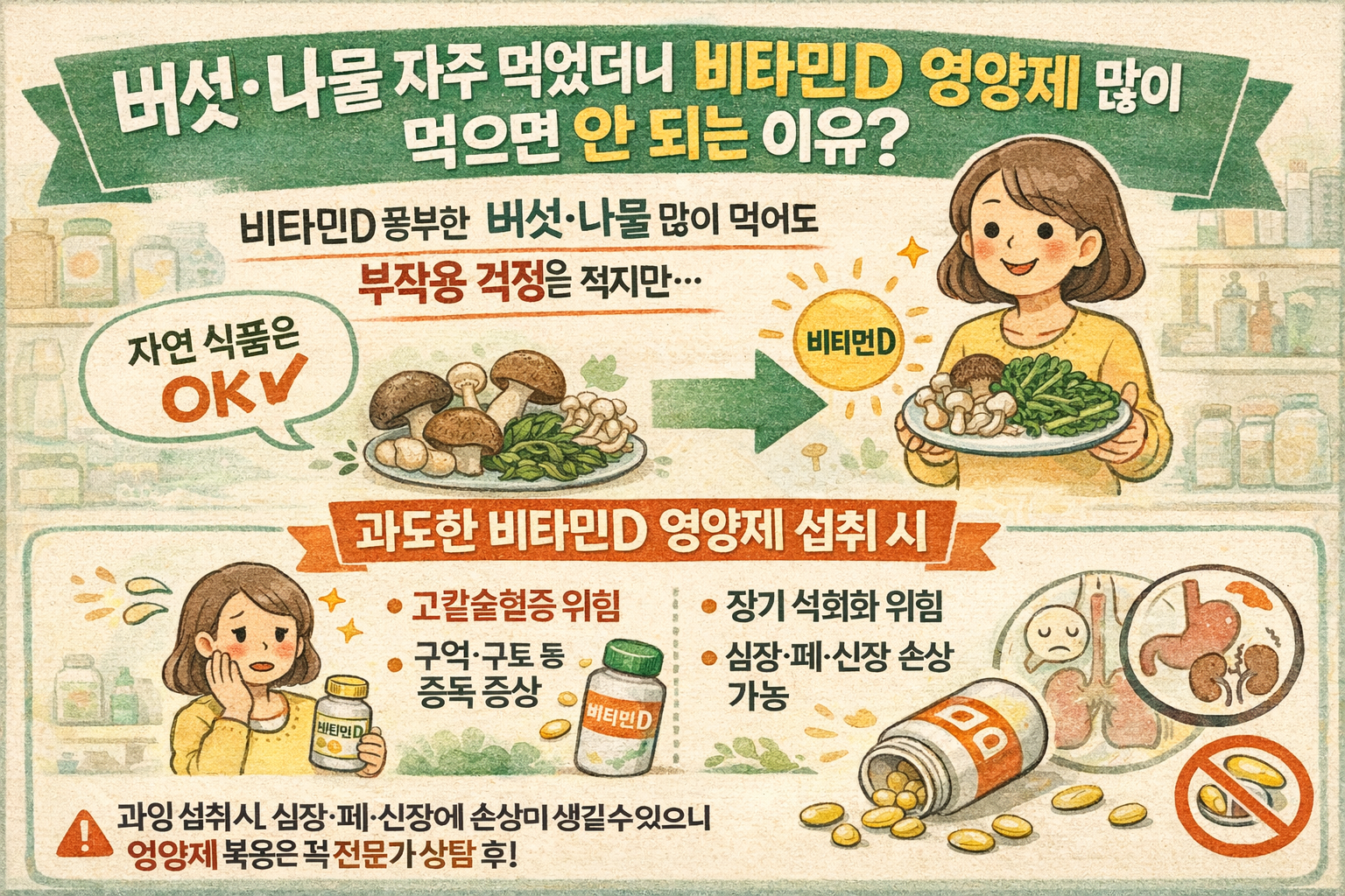 중년 여성, 버섯·나물 자주 먹어도 비타민D 영양제 과다복용 위험한 이유