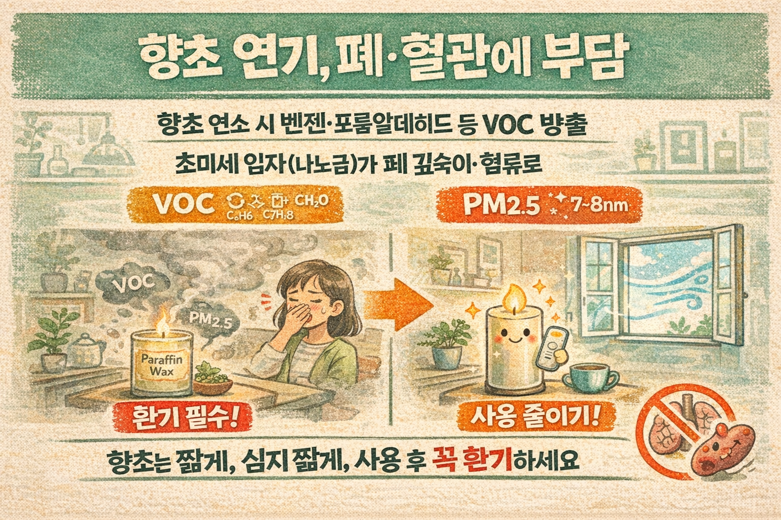 환기 없이 향초 태우면 폐·혈관까지? 벤젠·포름알데히드·초미세입자 ‘노출’ 주의