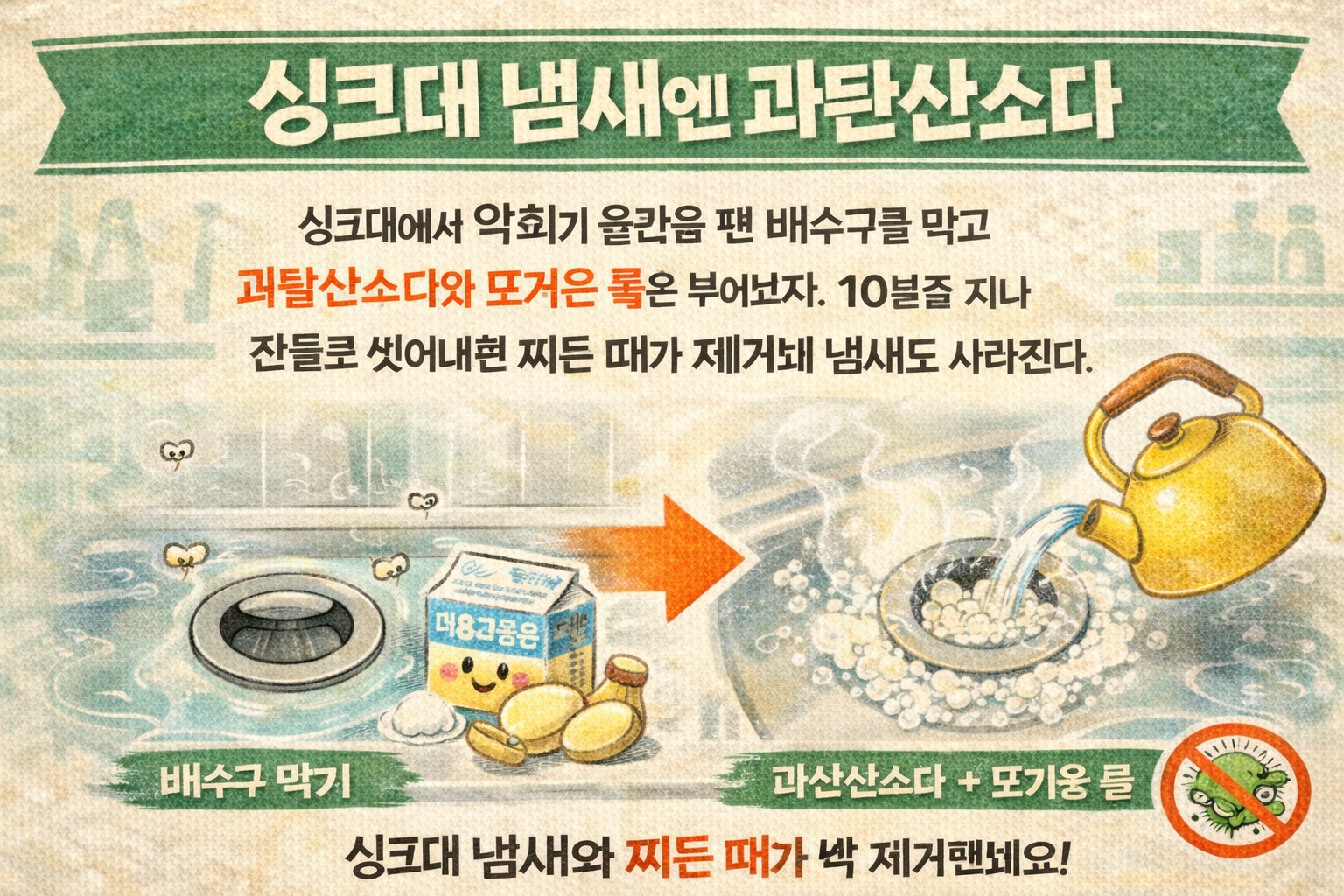 싱크대 냄새 없애는 법, 과탄산소다와 뜨거운 물 10분 청소법
