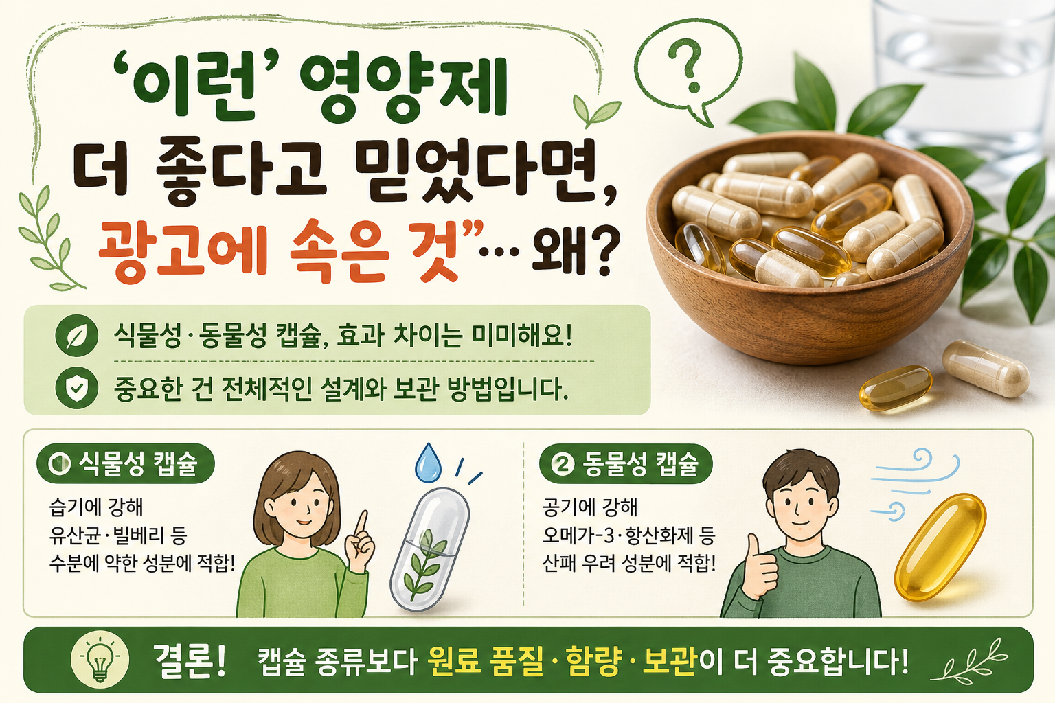 영양제 식물성 캡슐이 더 좋다? 광고에 속지 않는 오메가3·유산균 선택법