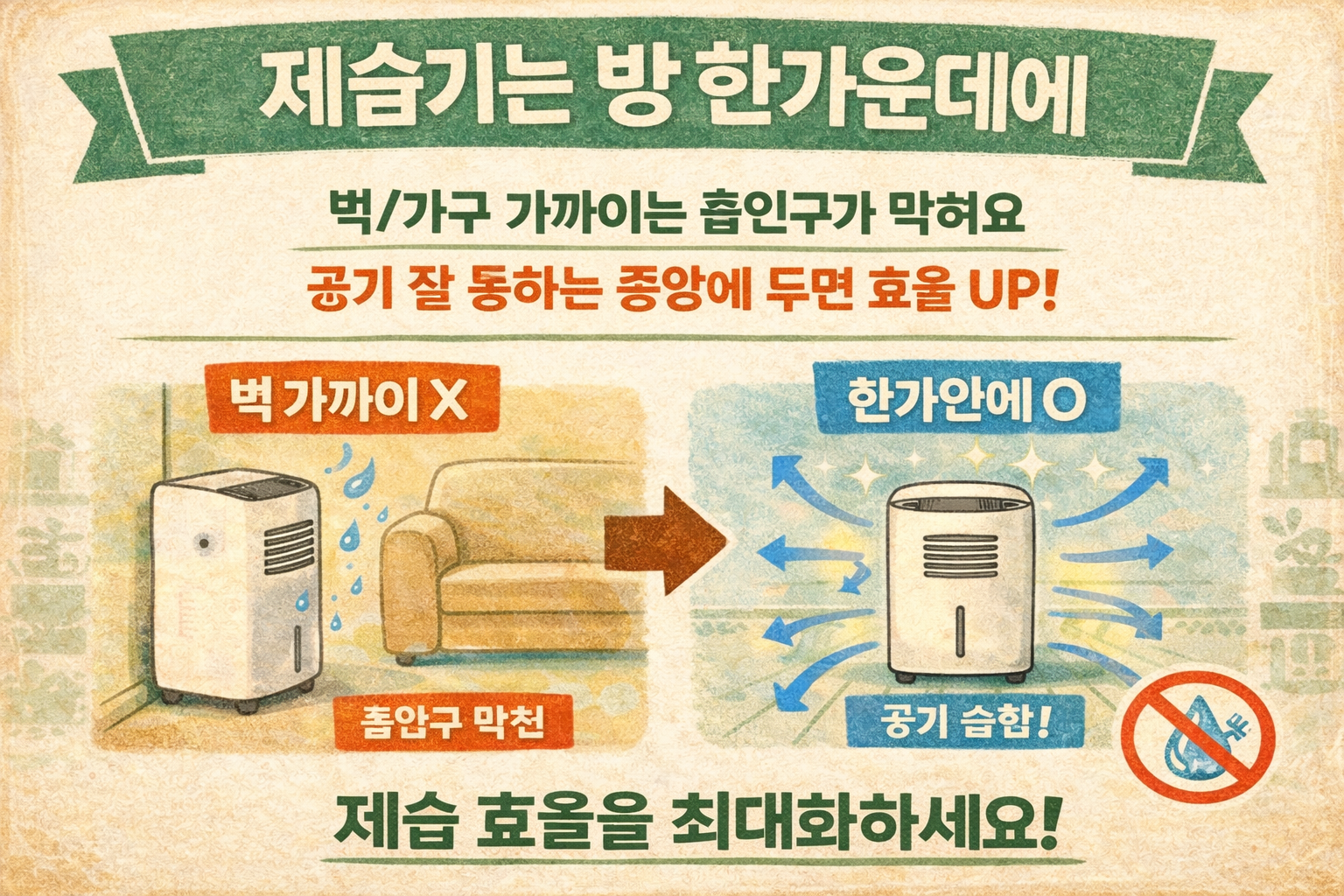 제습기 위치가 성능 좌우! 벽·가구 옆 금지, 방 한가운데 두면 제습 효율 확 올라갑니다