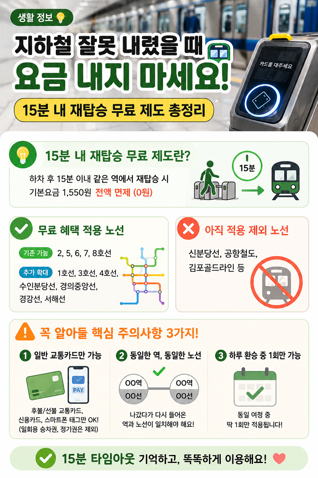 지하철 잘못 내렸을 때 요금 내지 마세요! 15분 내 재탑승 무료 제도 총정리