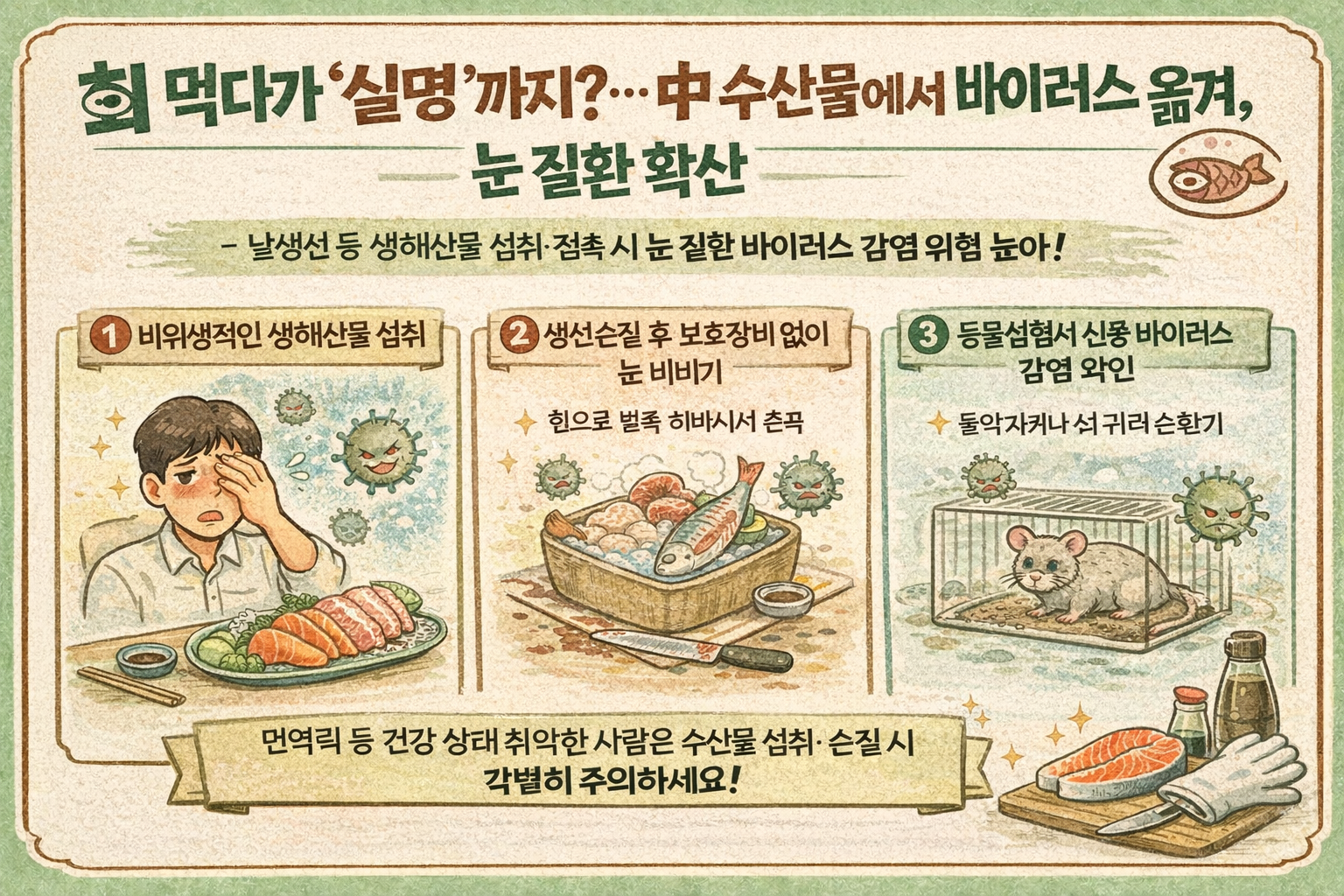 회 먹다가 실명까지? 수산물 바이러스 연관 눈 질환, 포도막염 경고