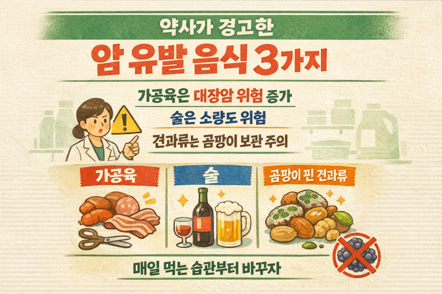 1군 발암물질, 식탁에서 줄여야 할 3가지: 가공육·술·곰팡이 견과류(아플라톡신)