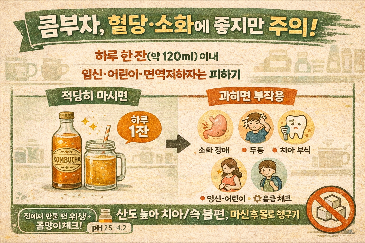 혈당·소화에 좋다는 콤부차, ‘이 3가지’ 주의하세요… 부작용(두통·속불편·치아부식) + 피해야 할 사람
