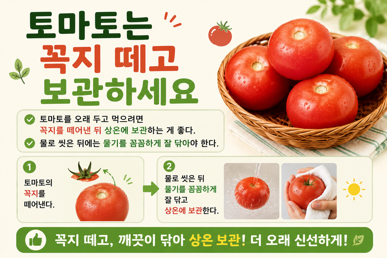 토마토 오래 보관하는 법, 꼭지 떼고 물기만 닦아도 신선해요