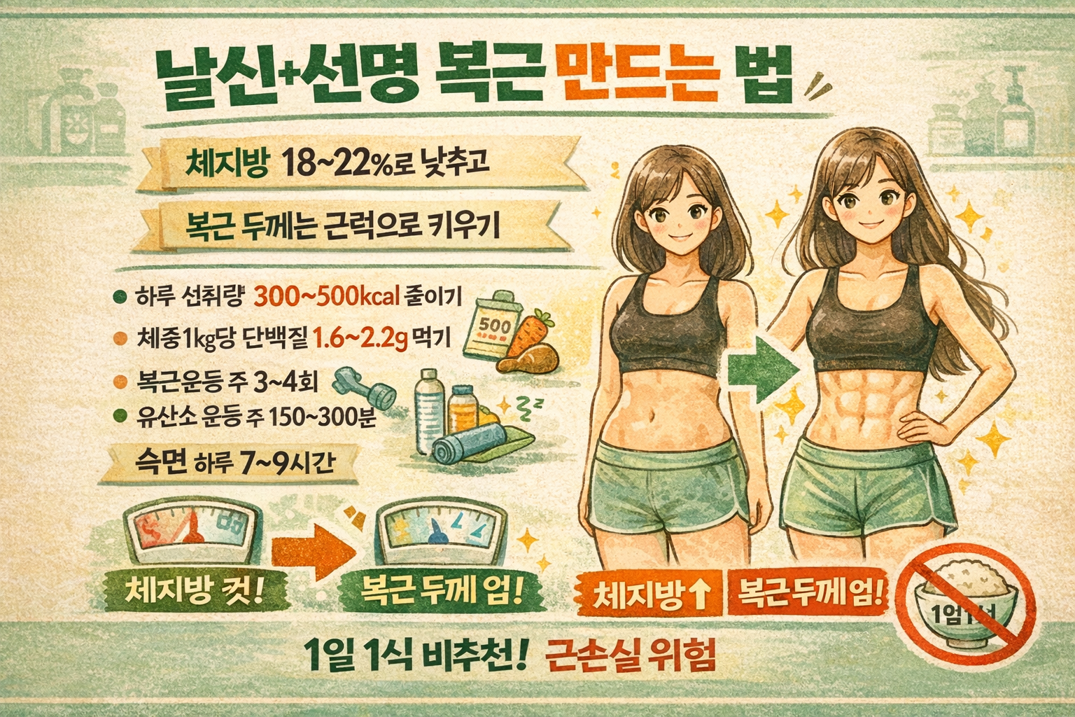 다솜처럼 말랐는데 복근? 여성 체지방률 18~22% + 복근 두께 키우는 루틴(1일 1식 주의)