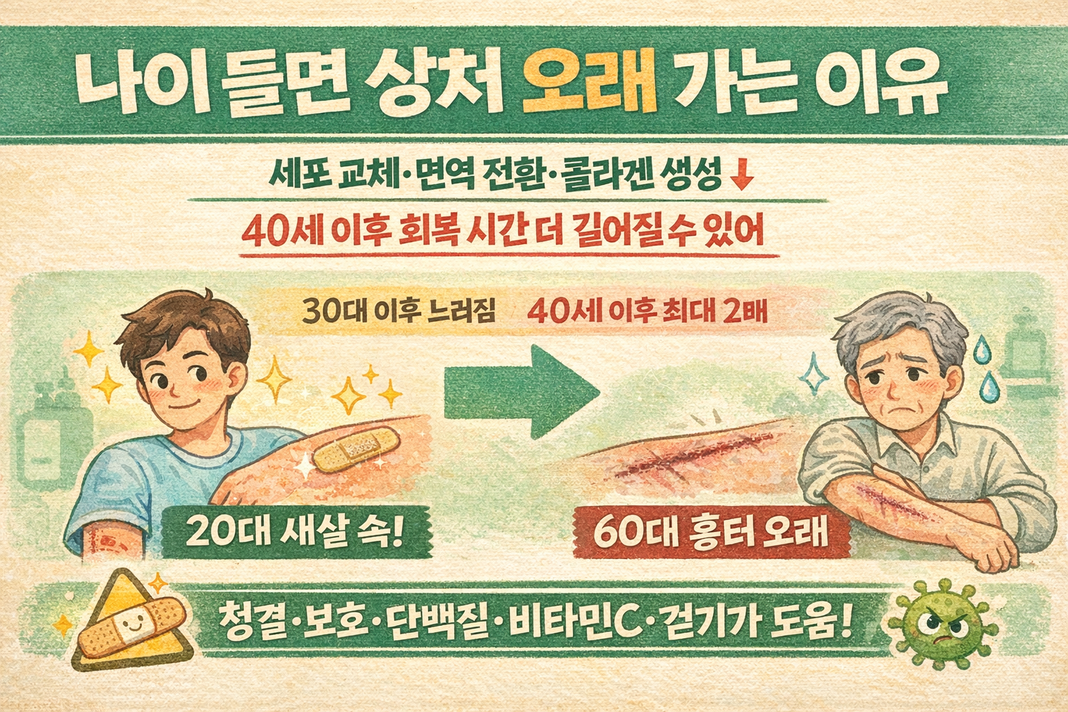 나이 들수록 상처가 오래가는 이유, 20대엔 새살 60대엔 흉터 되는 진짜 원인