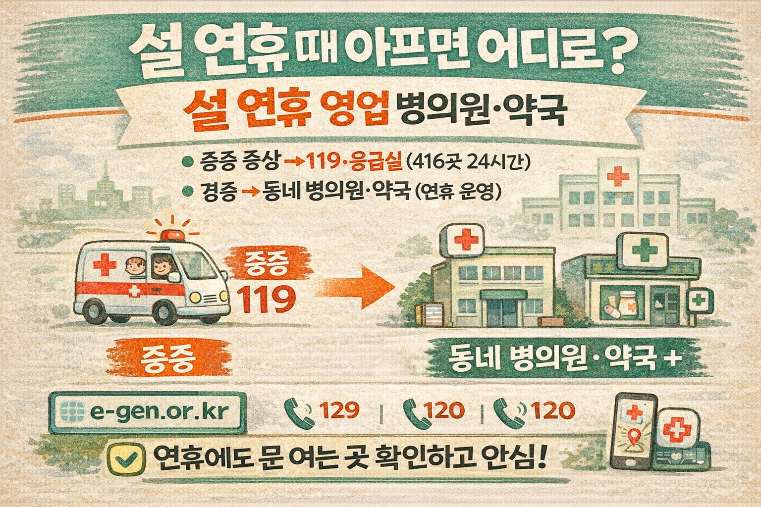 설 연휴 문 여는 병원·약국 찾는 법｜응급의료포털 e-gen·129·120·앱 총정리