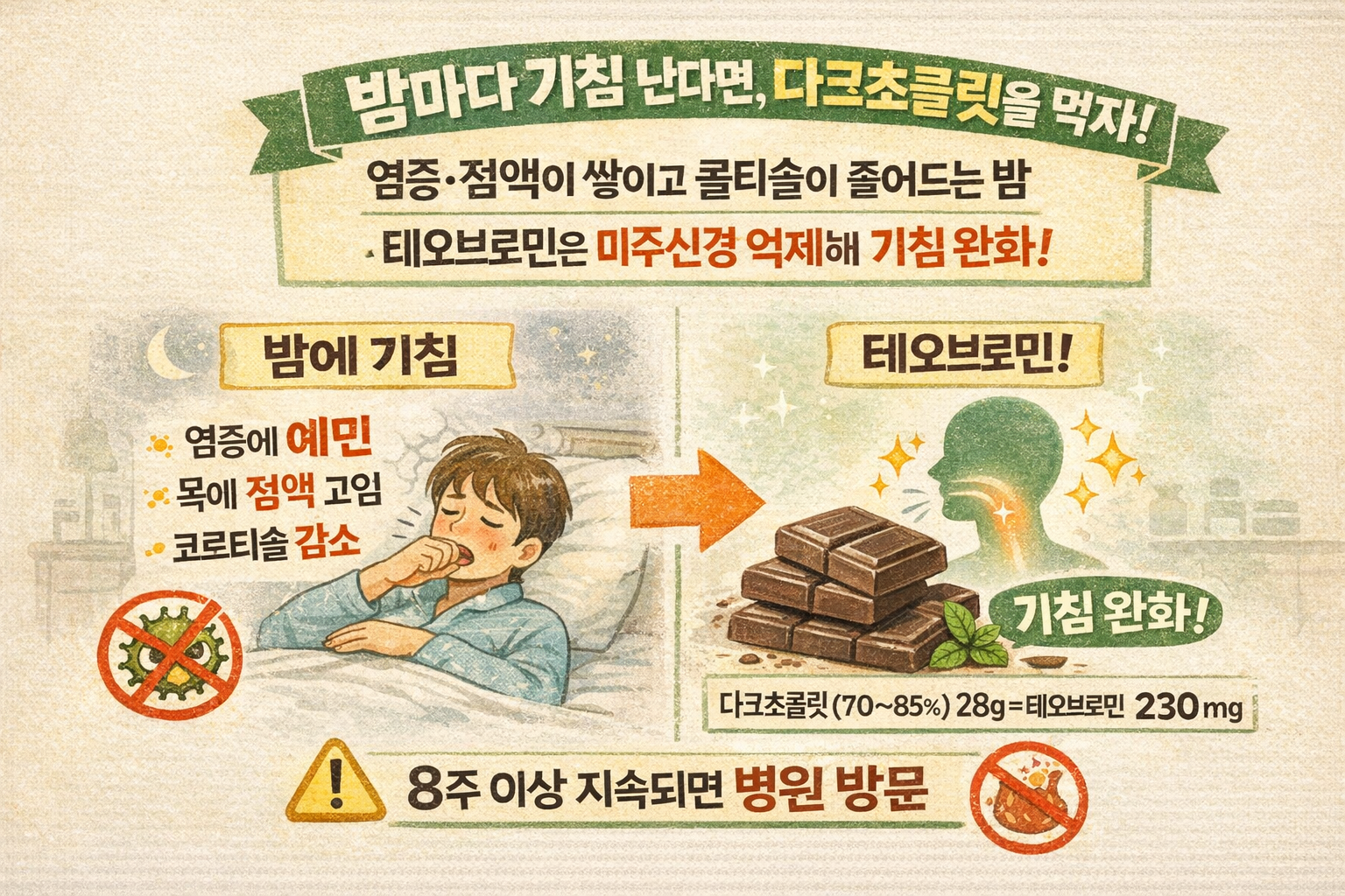 밤마다 목 간질·기침 폭발? ‘초콜릿 테오브로민’ 기침 완화 근거와 다크초콜릿 섭취 팁