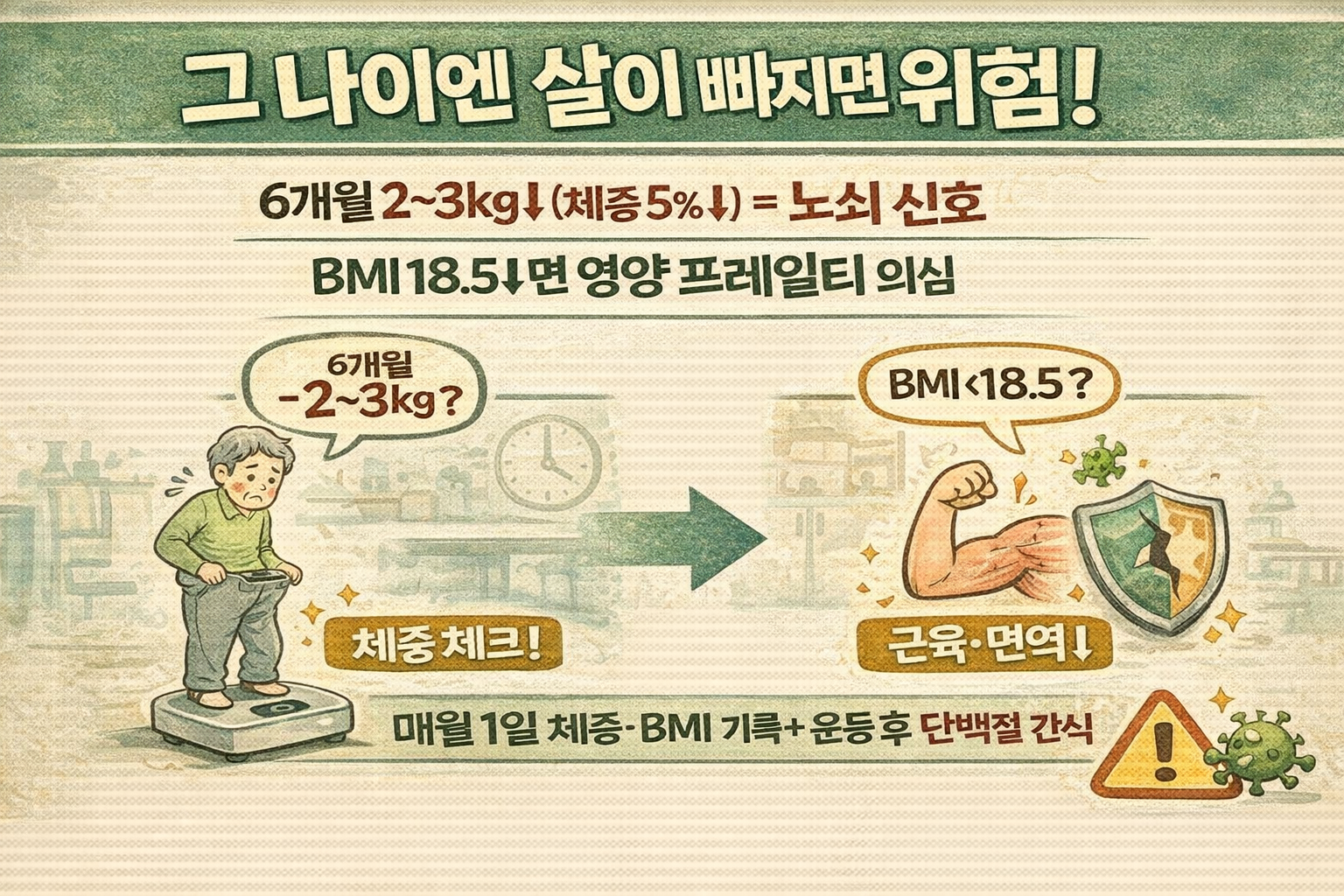 나이 들수록 살 빠지면 위험: 6개월 2~3kg↓·BMI 18.5↓가 ‘영양 프레일티’ 신호인 이유