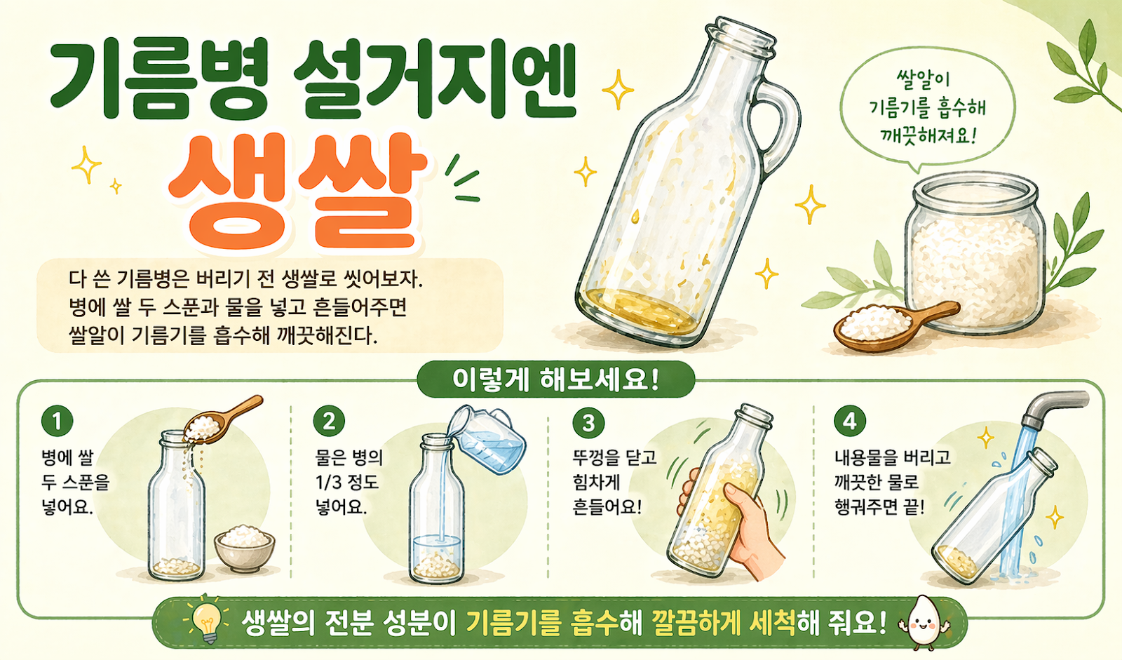 다 쓴 기름병, 세제로만 흔들지 마세요…생쌀 두 스푼이면 기름때 줄어드는 세척법
