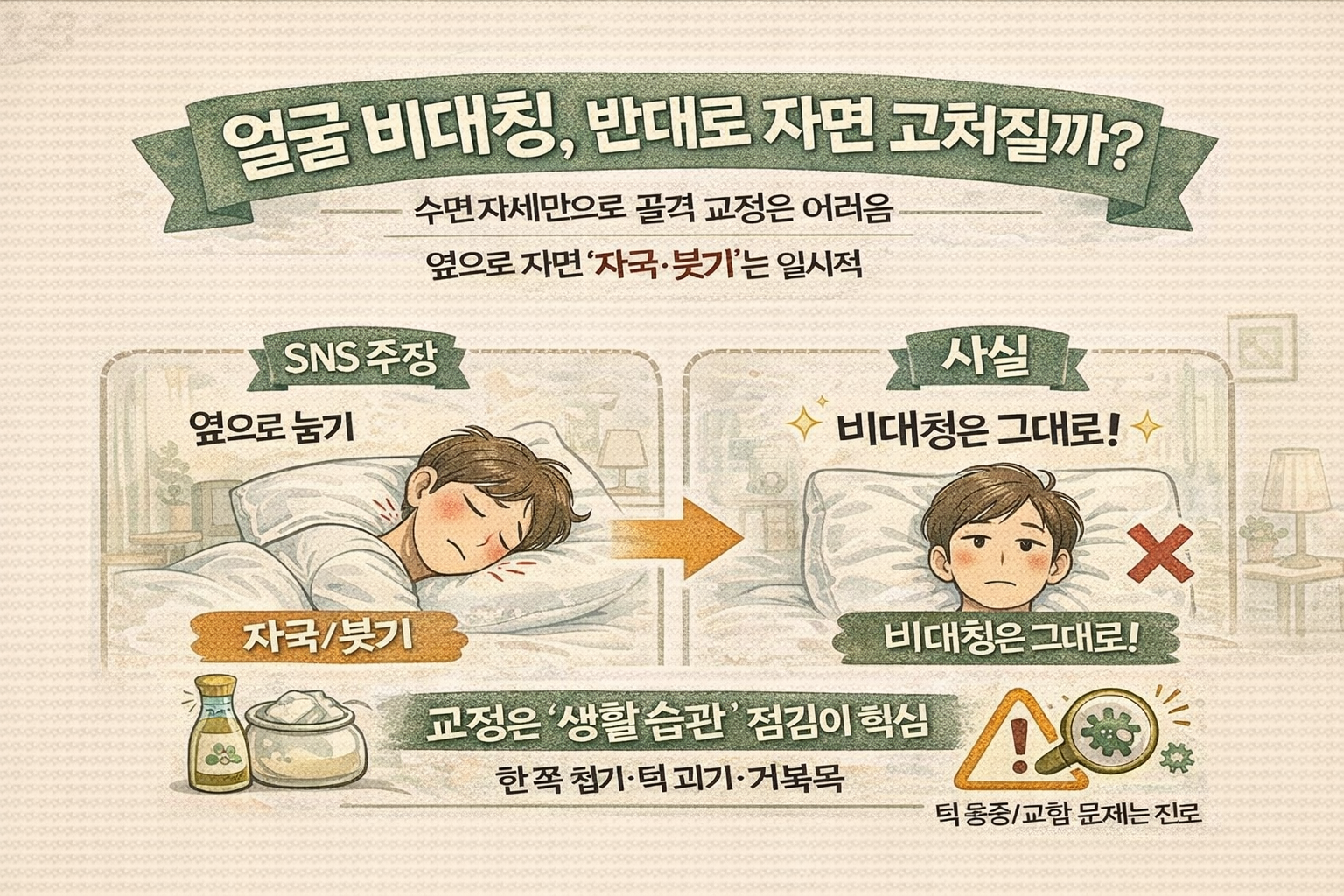 얼굴 비대칭, 반대로 누워 자면 교정될까? 수면 자세의 진실과 더 큰 원인 5가지