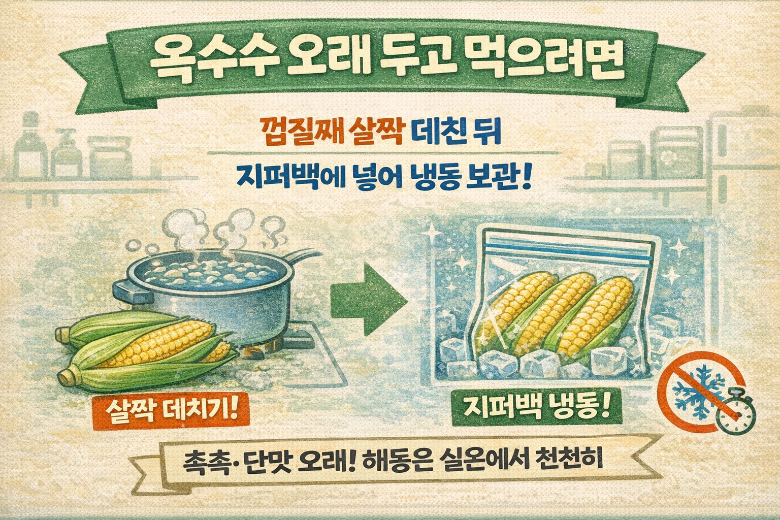옥수수 오래 보관하는 법: 껍질째 살짝 데쳐 지퍼백 냉동 + 실온 천천히 해동