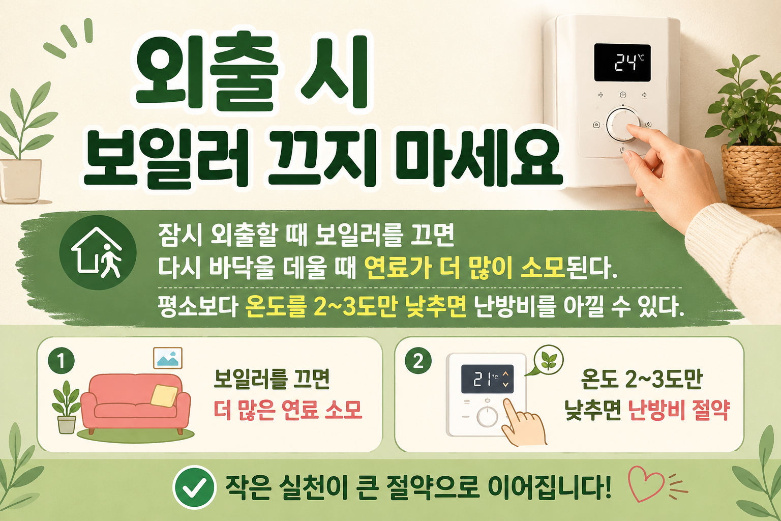 외출할 때 보일러 끄면 난방비 더 나옵니다, 2~3도만 낮추세요