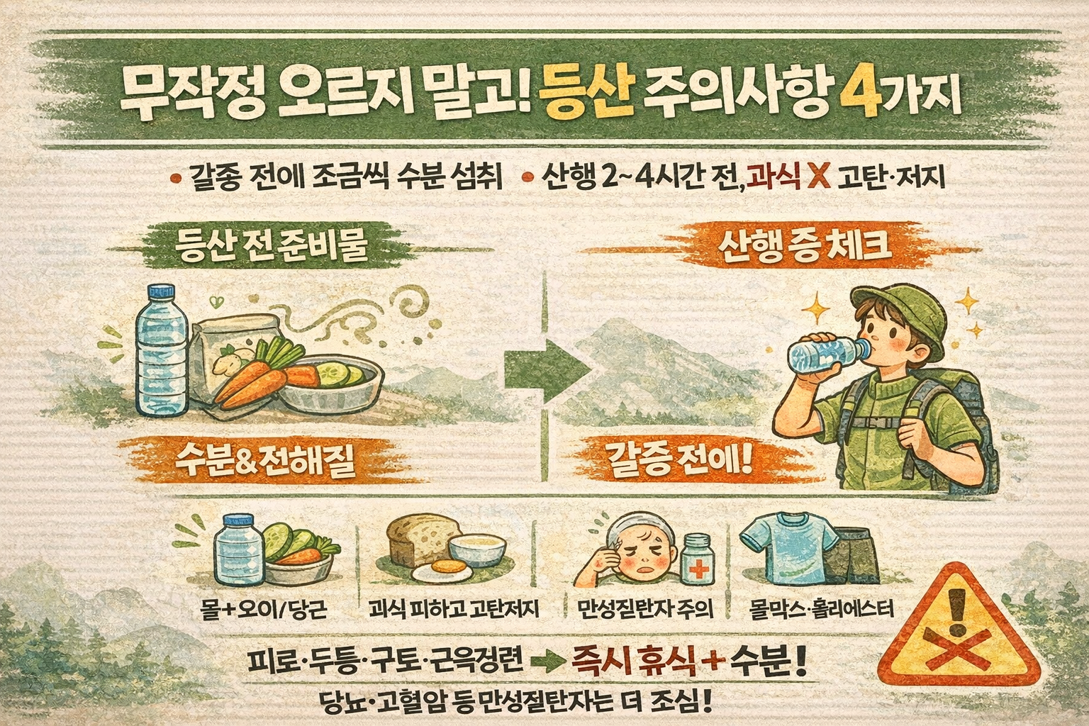 등산 초보 필수 주의사항 4가지: 수분 보충·과식 금지·만성질환자 주의·땀 잘 마르는 등산복