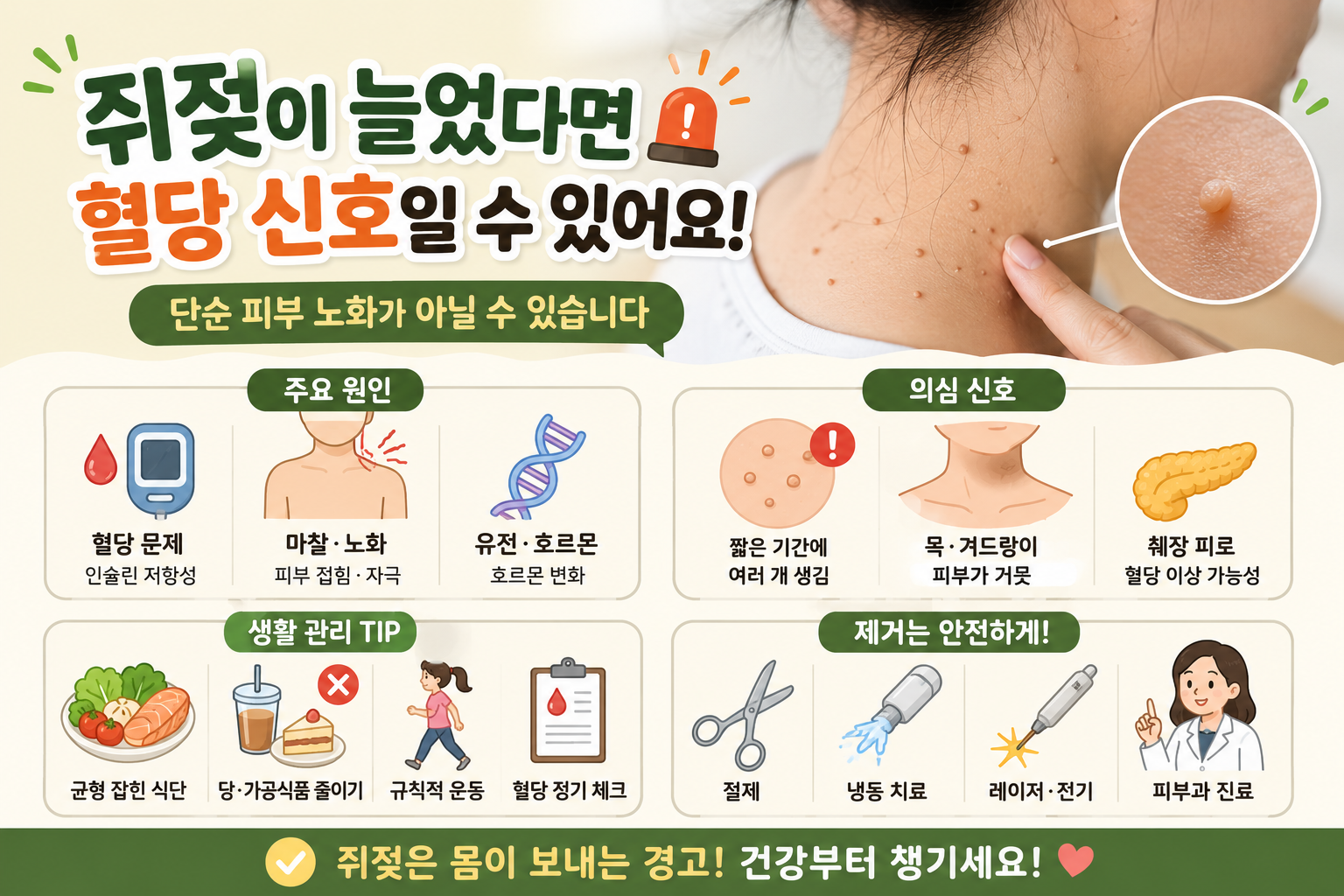 목·겨드랑이 쥐젖 갑자기 늘었다면? 당뇨 신호와 안전한 제거법