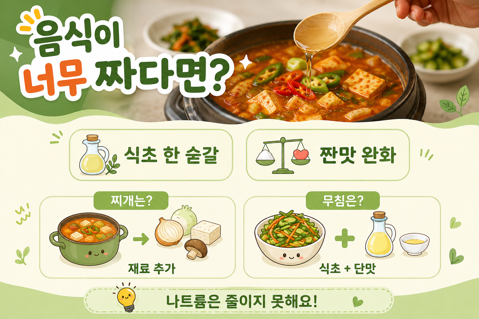 음식이 너무 짜다면 식초 한 숟갈? 찌개·무침 짠맛 살리는 법