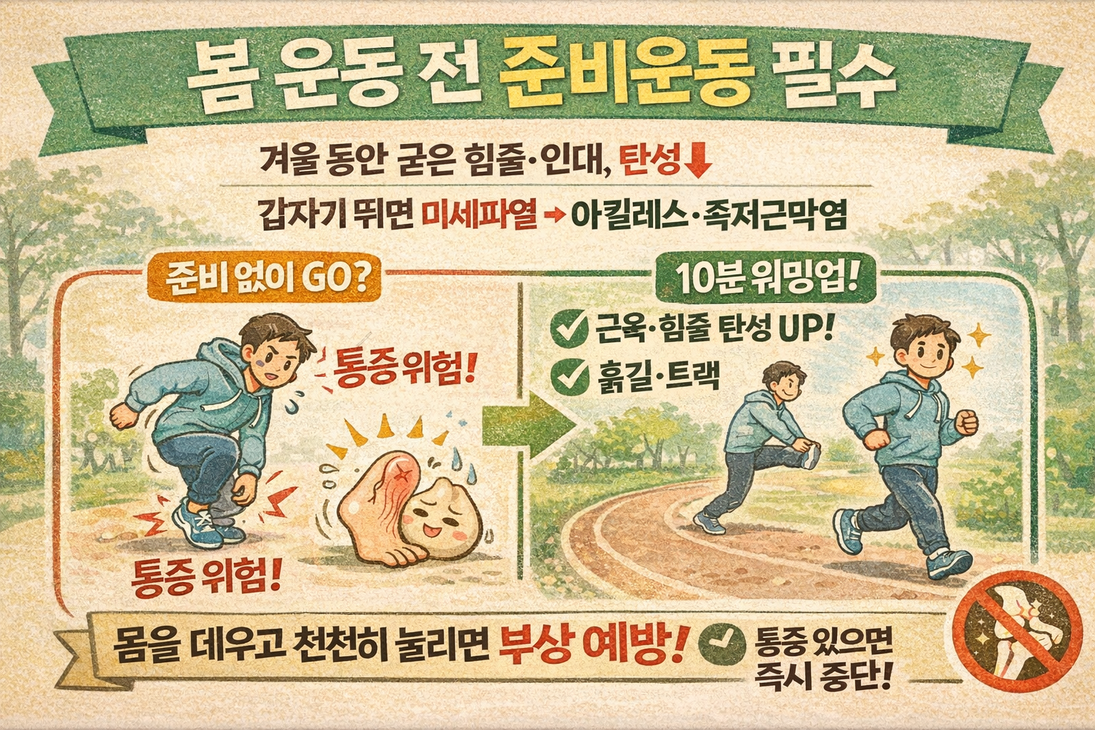 봄에 갑자기 뛰면 발목·발바닥부터 다친다: 아킬레스건염·족저근막염 막는 ‘준비운동 10분+10% 규칙’
