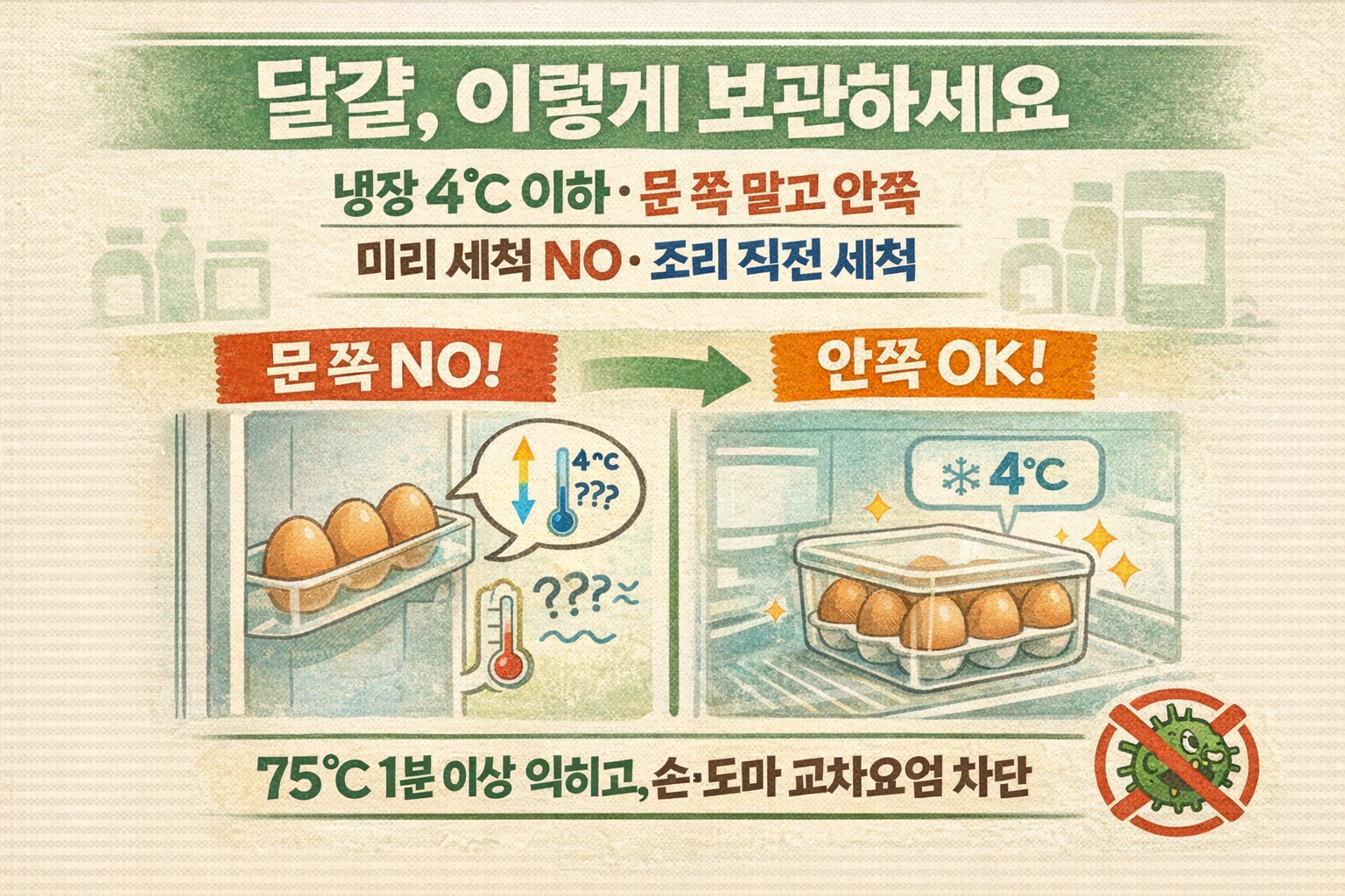 살모넬라 식중독 막는 달걀 보관법: 냉장고 ‘문칸’ 말고 안쪽 4℃가 정답