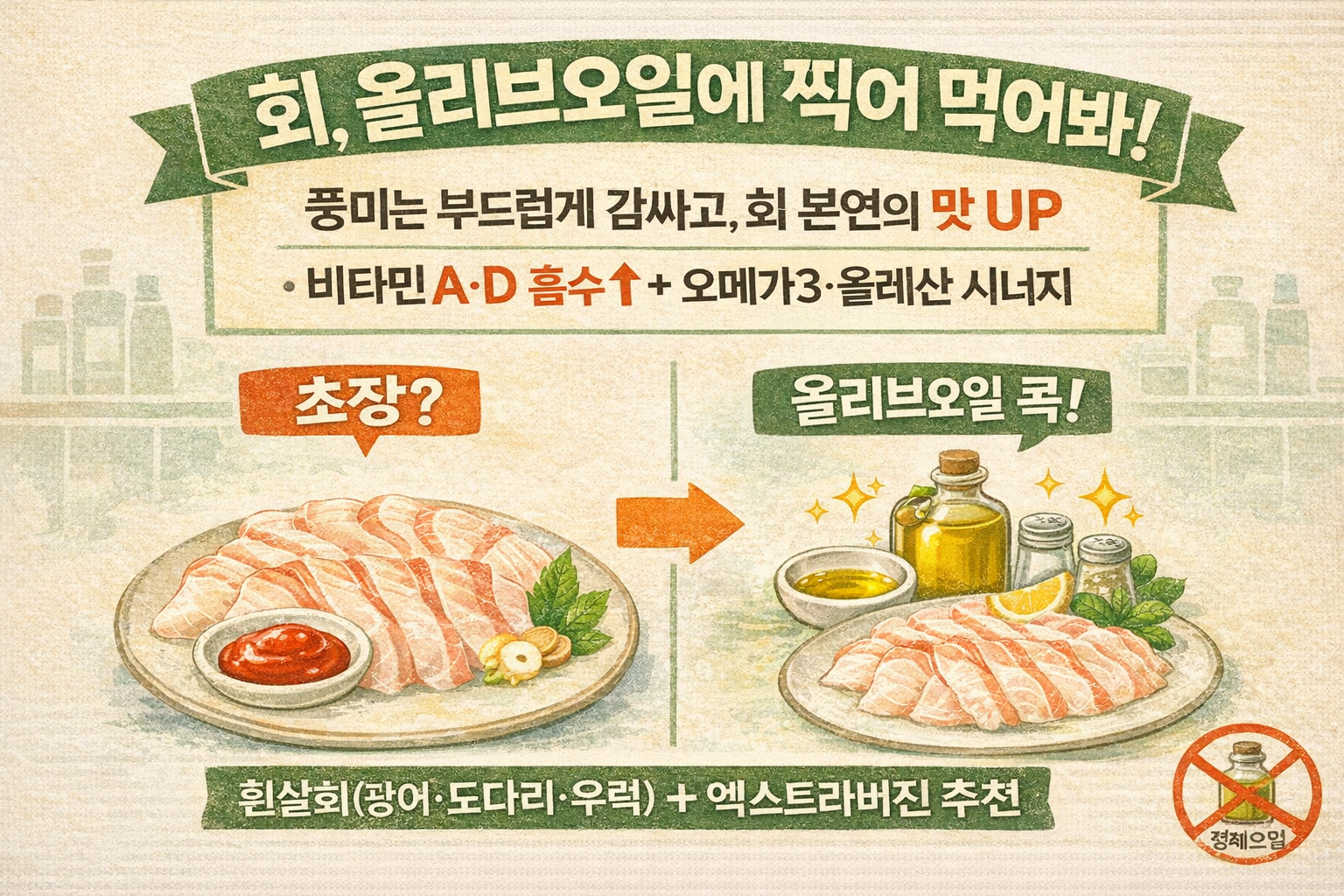회는 초장 말고 ‘올리브오일’! 풍미 업 + 비타민 흡수·오메가3 시너지까지(흰살회 추천)