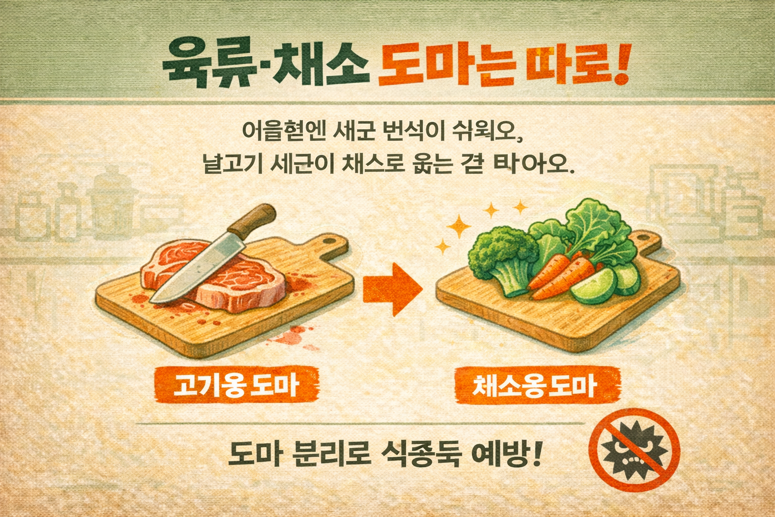 여름 식중독 막는 1순위 습관: 육류·채소 도마 ‘무조건’ 분리하세요(교차오염 차단)