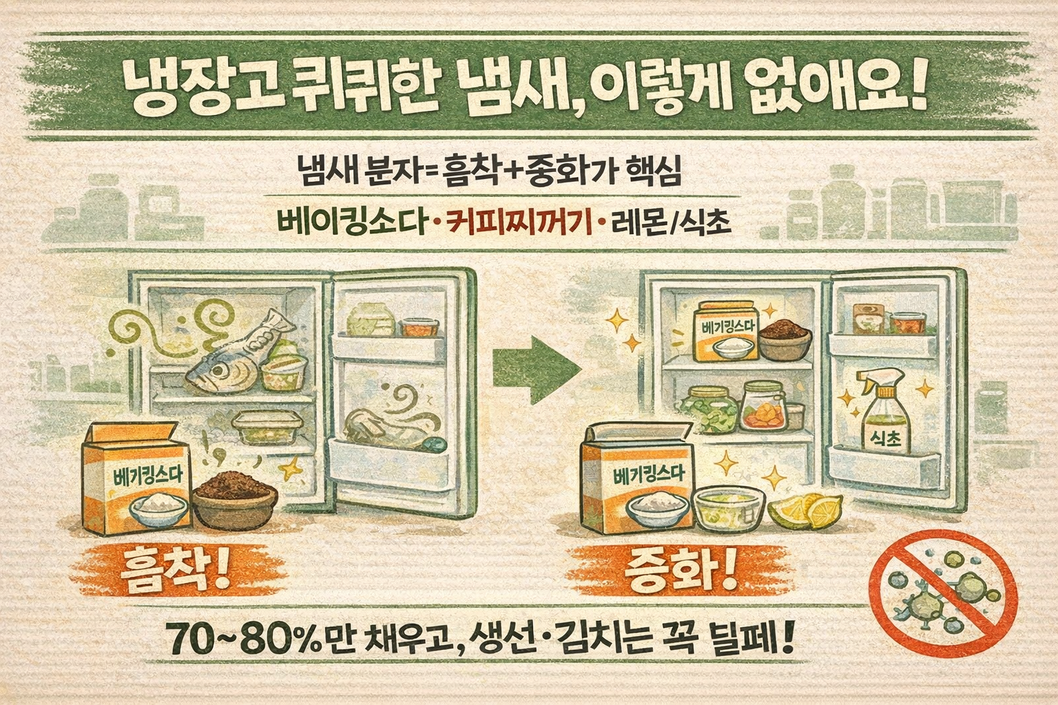 냉장고 퀴퀴한 냄새, 원인만 버려선 안 끝난다…베이킹소다·커피찌꺼기·식초 ‘중화/흡착’ 제거법