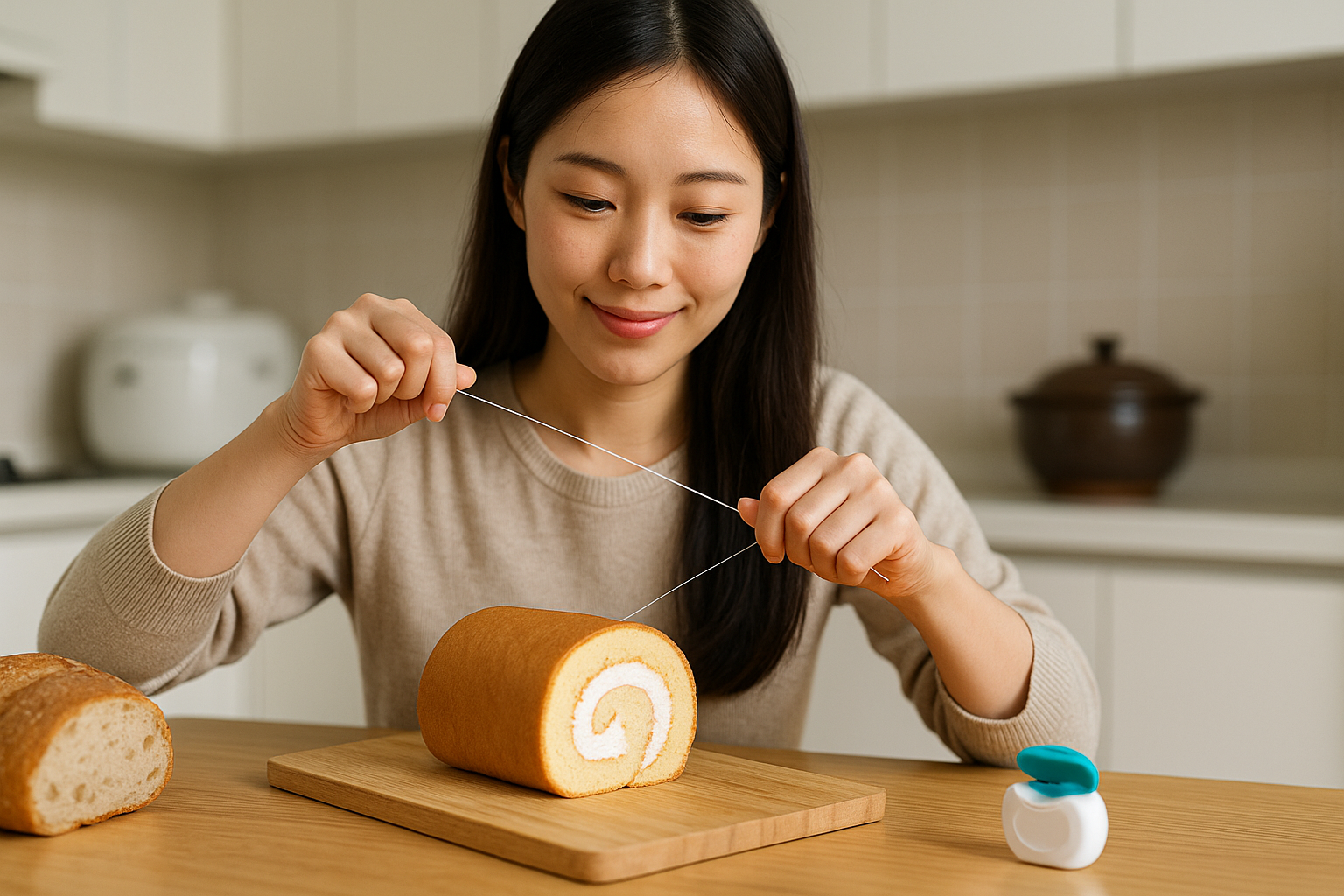 빵칼 없을 땐 치실! 빵·롤케이크 모양 살려 깔끔하게 자르는 방법