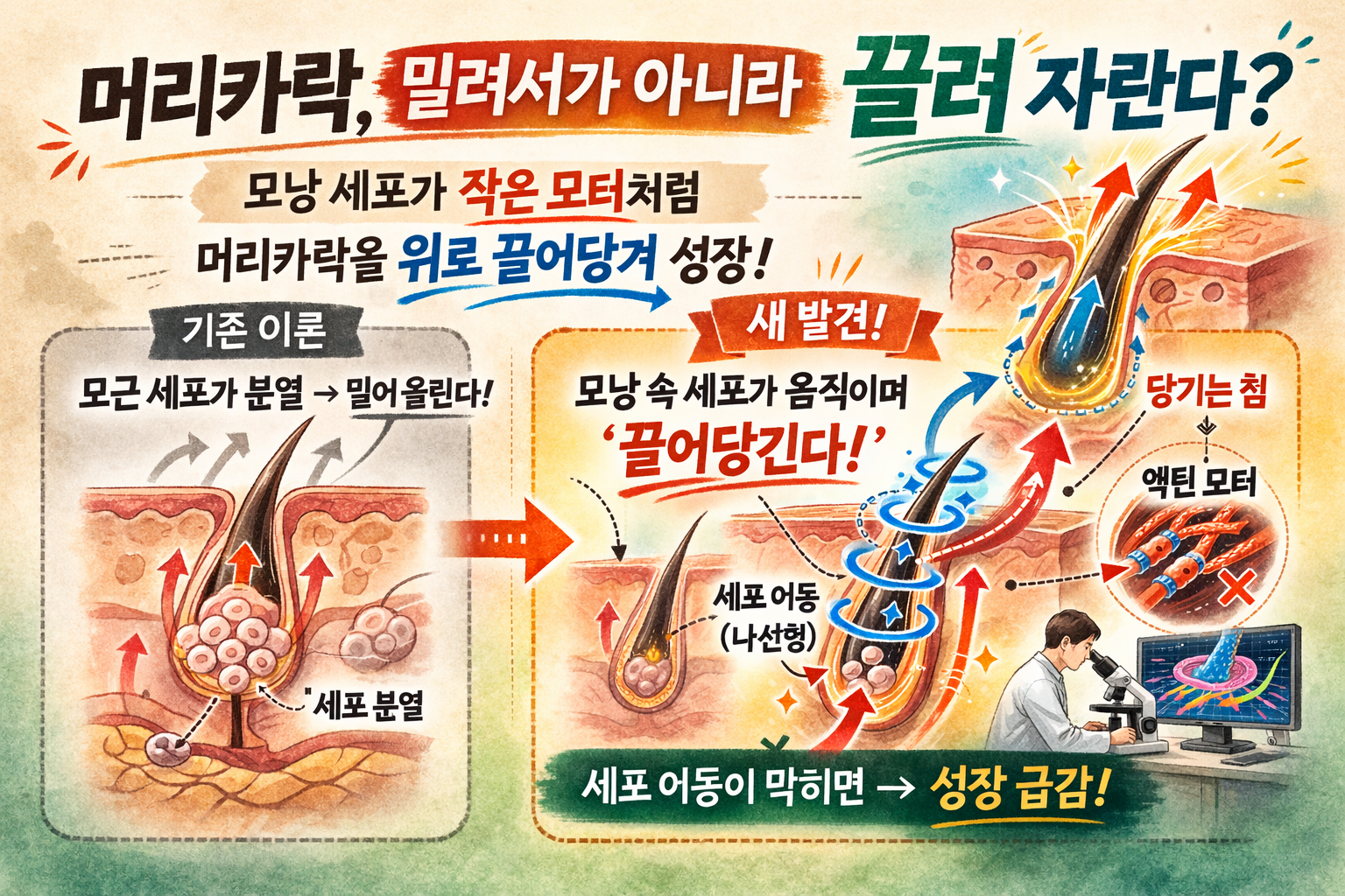 머리카락은 어떻게 자라나? 밀어 올리는 게 아니라 세포가 끌어당기는 이유