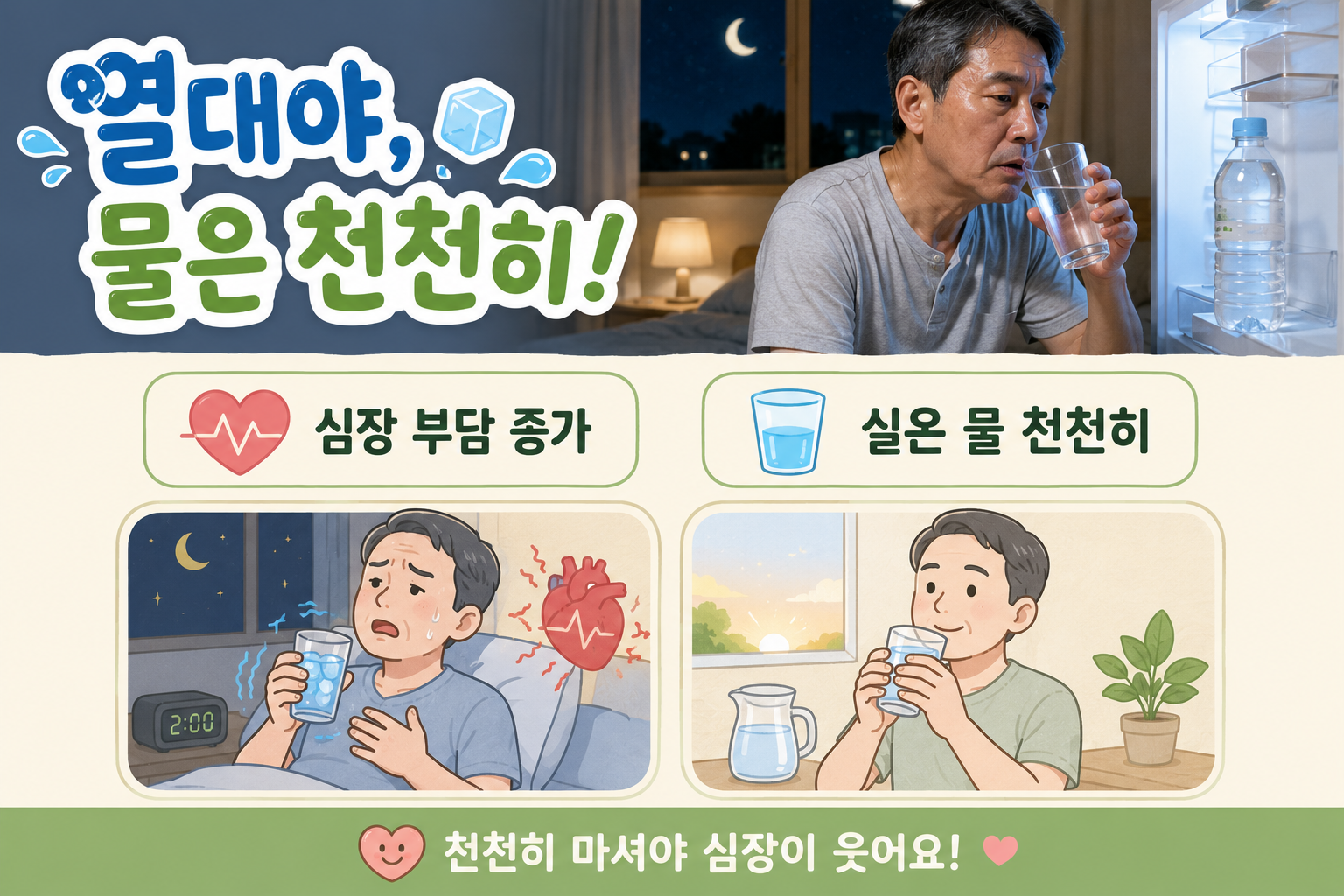 열대야 새벽 얼음물 벌컥? 5060 심장 부담 줄이는 안전한 물 마시기
