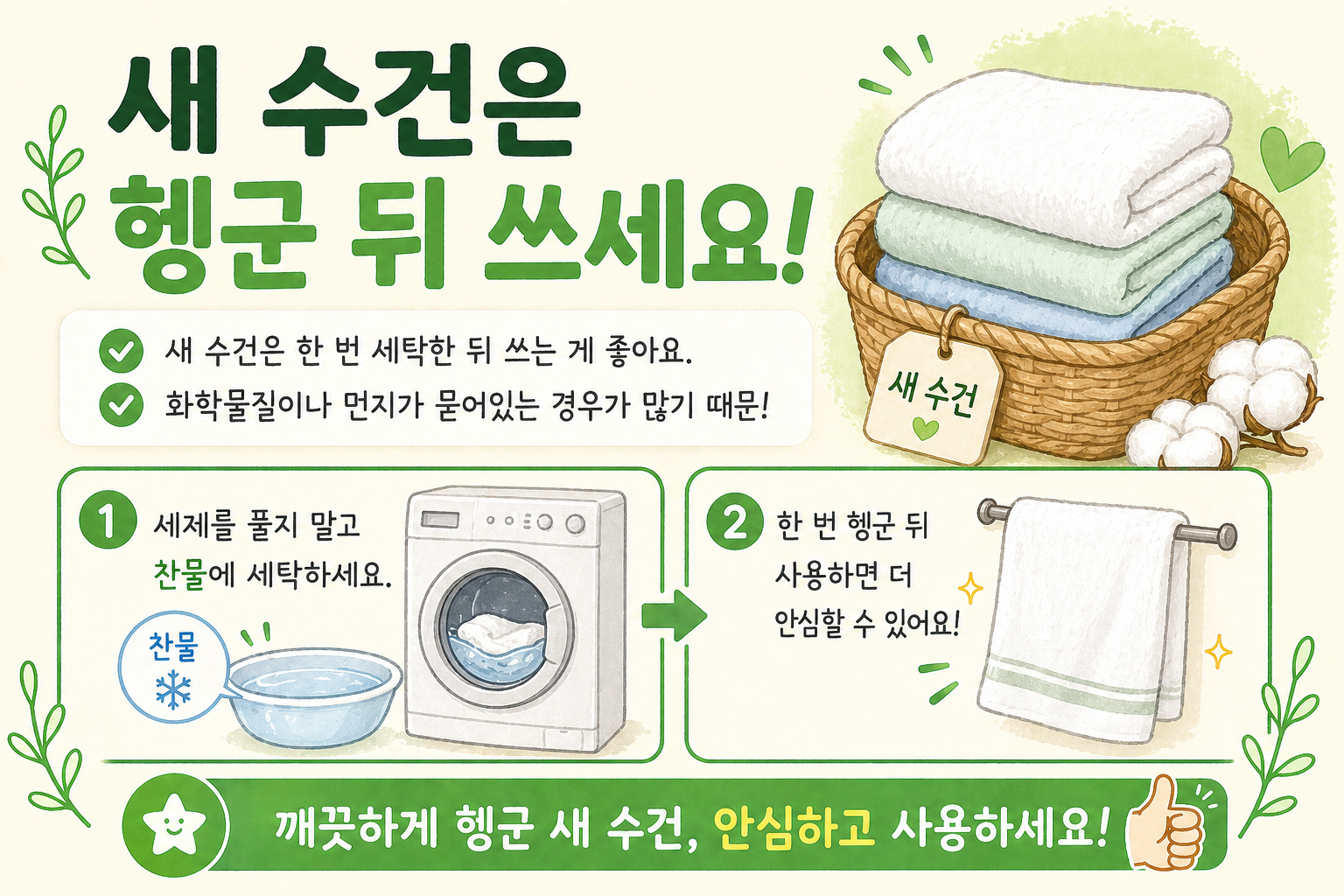 새 수건 바로 쓰면 안 되는 이유, 세제 없이 찬물 세탁하세요