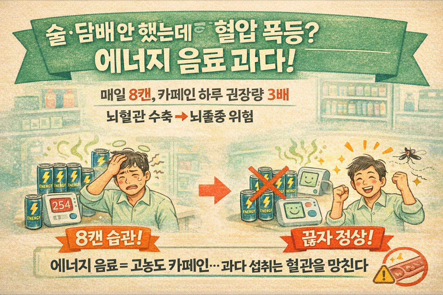 술·담배 안 했는데 혈압 254? 하루 8캔 에너지음료 과다 섭취가 부른 고혈압·뇌졸중 경고