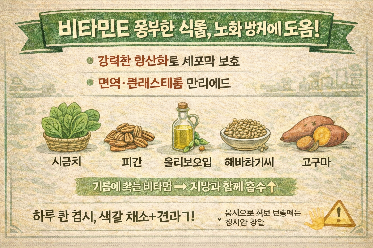 노화 방지에 좋은 비타민E 식품 5가지: 시금치·피칸·올리브오일·해바라기씨·고구마 효능