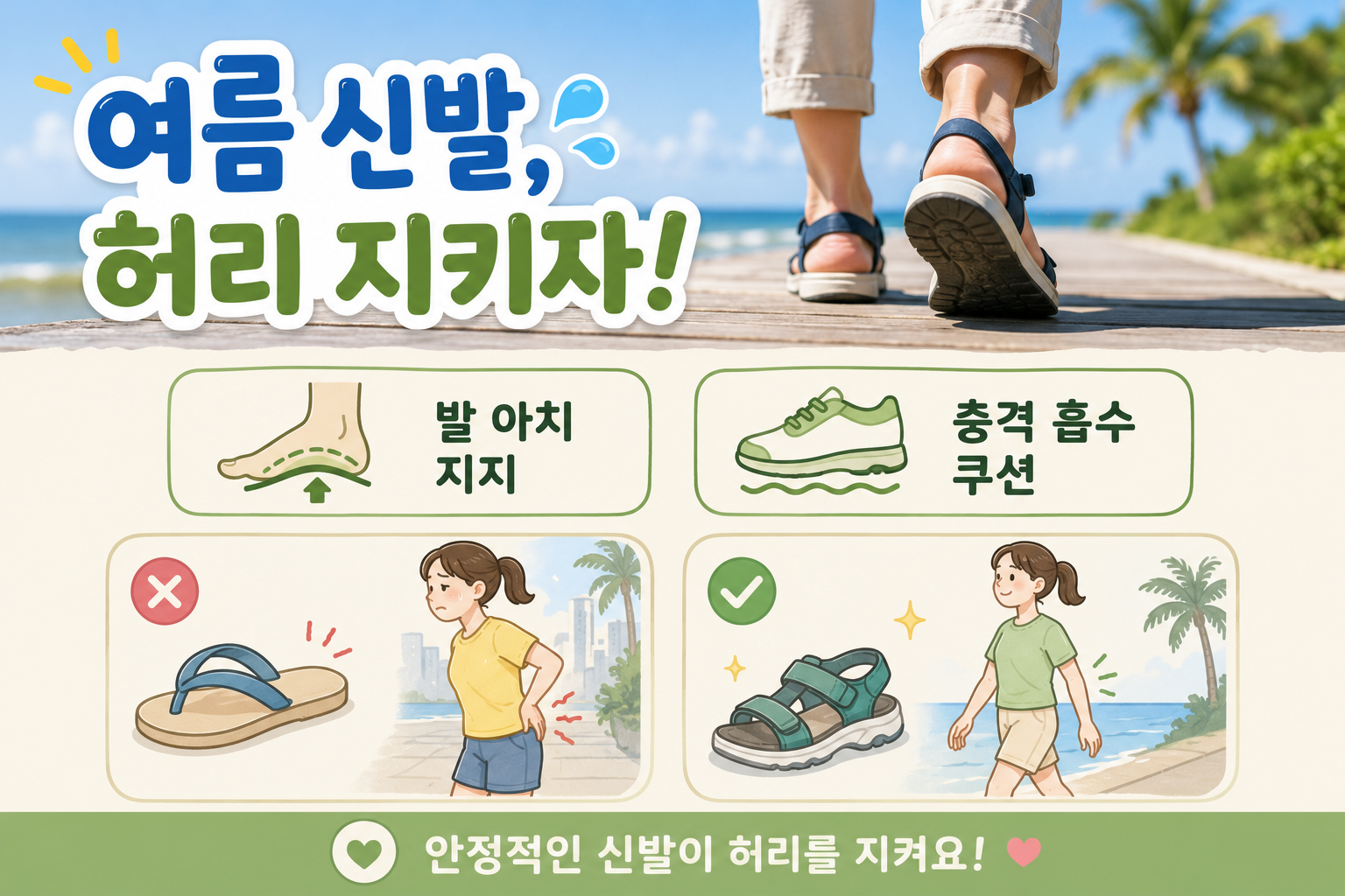 여름 쪼리 오래 신으면 허리 통증? 발·무릎·골반 지키는 샌들 선택법