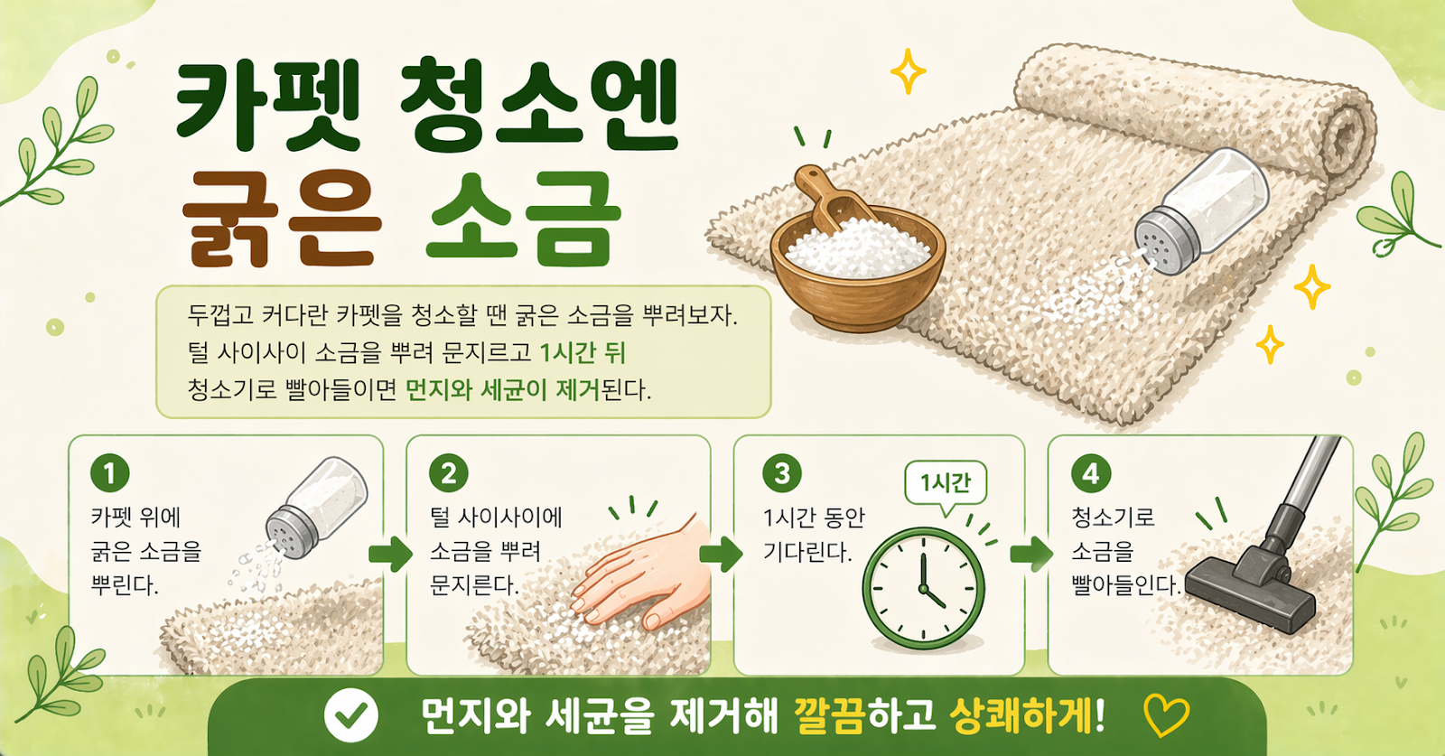 카펫 청소, 세제부터 찾지 마세요! 굵은 소금 뿌리고 1시간 뒤 빨아들이면 끝