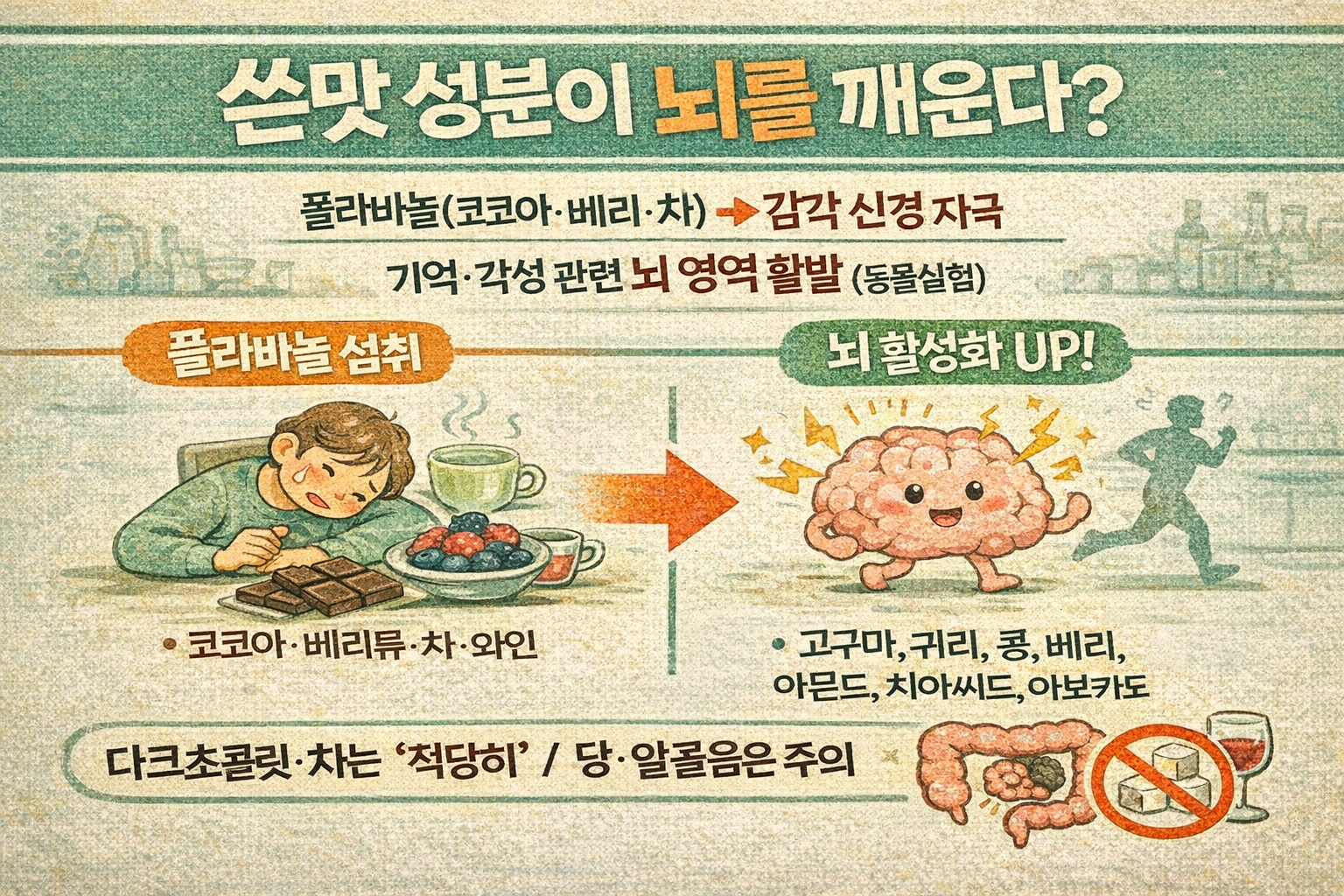 쓴맛 나는 플라바놀, 운동처럼 뇌를 깨운다? 코코아·베리·차 성분이 기억력·각성 뇌 영역 활성화(동물실험)