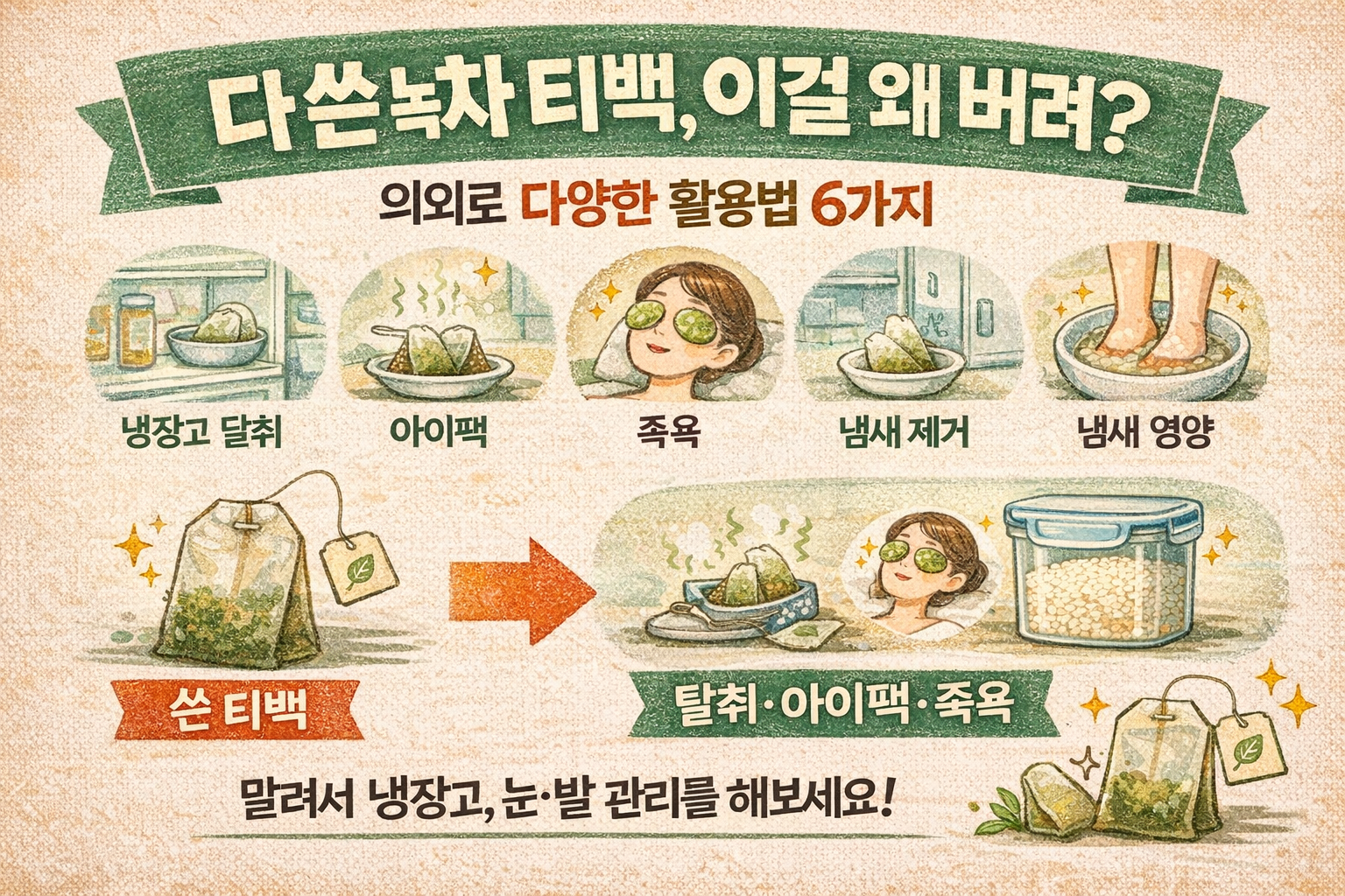 다 쓴 녹차 티백, 왜 버려요? 냉장고 탈취부터 붓기 완화까지 6가지 활용법