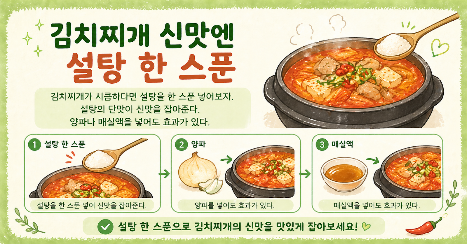 김치찌개 신맛 잡는 법, 설탕 한 스푼이면 끝! 시큼할 때 양파·매실액 활용 팁