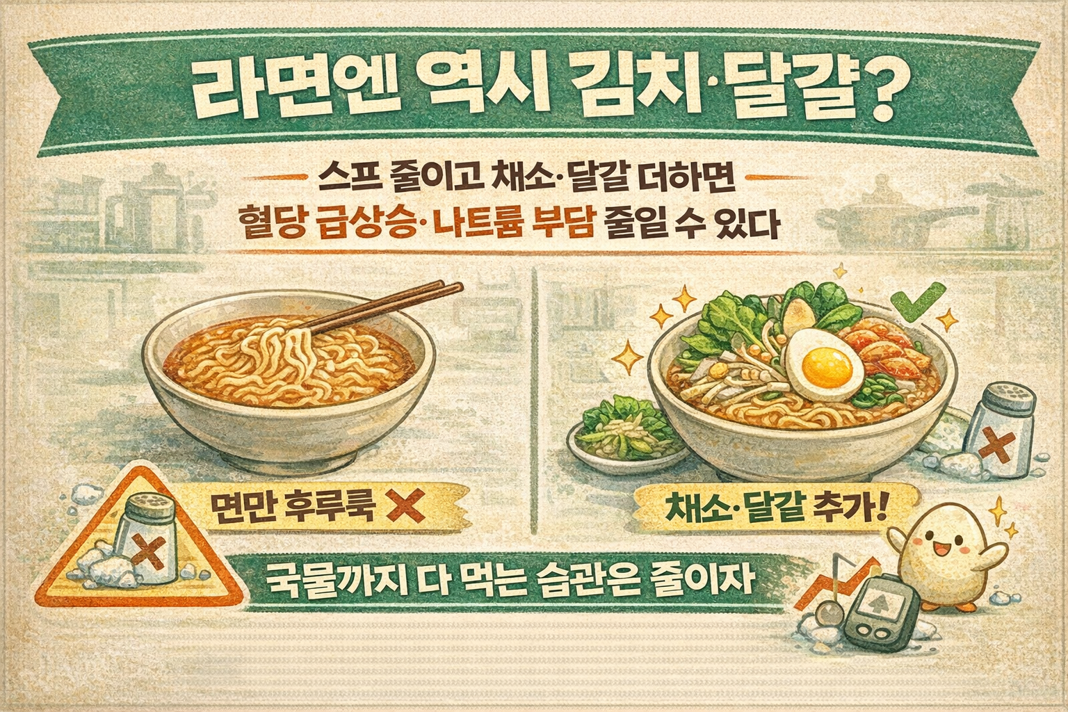 라면 먹을 때 가장 나쁜 식습관, 김치·달걀 챙겨도 국물까지 먹으면 혈당·나트륨 비상