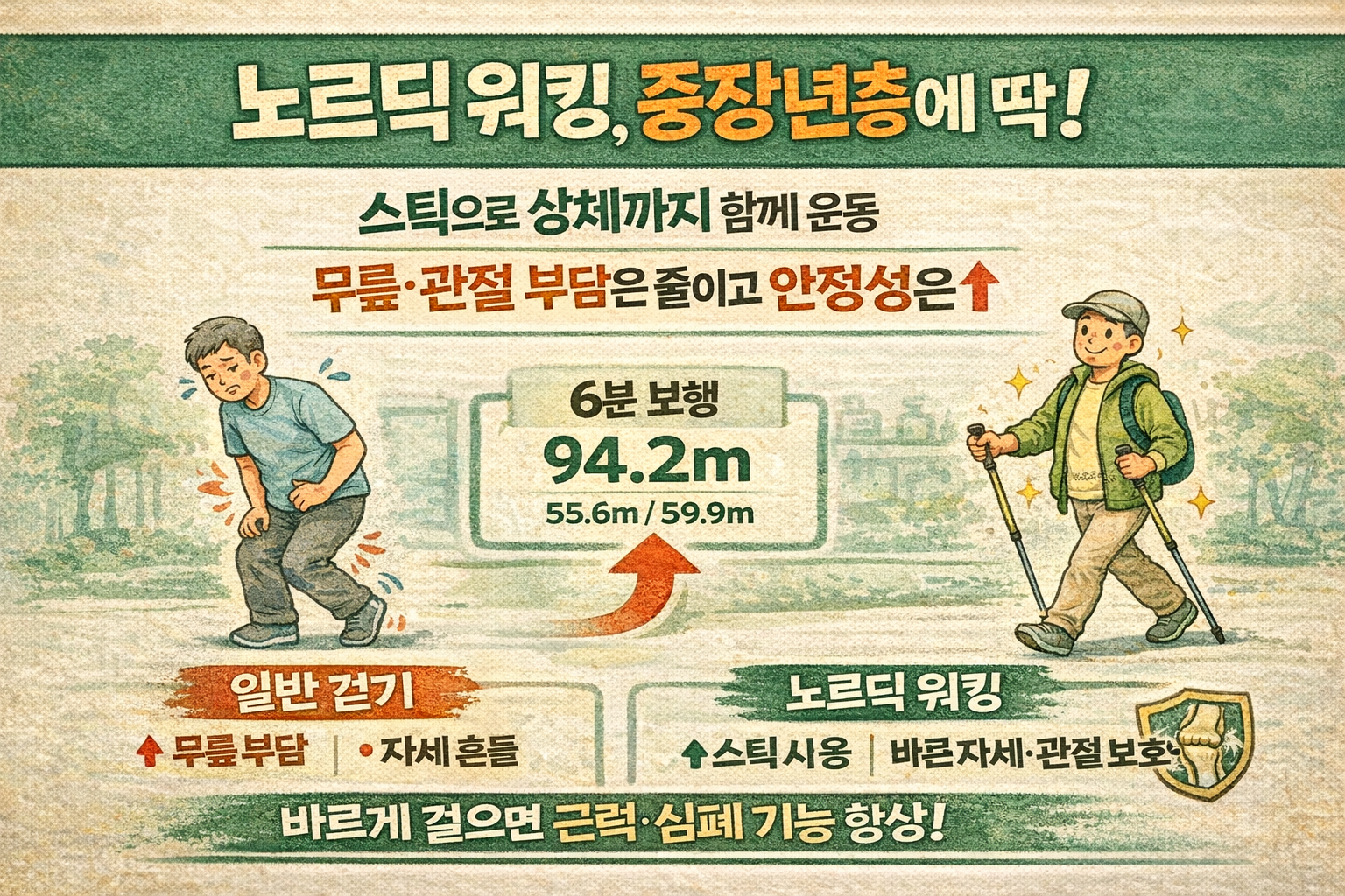 노르딕 워킹이 중장년층에 좋은 이유: 무릎 부담 줄이고 상체까지 쓰는 스틱 걷기 효과·자세 팁