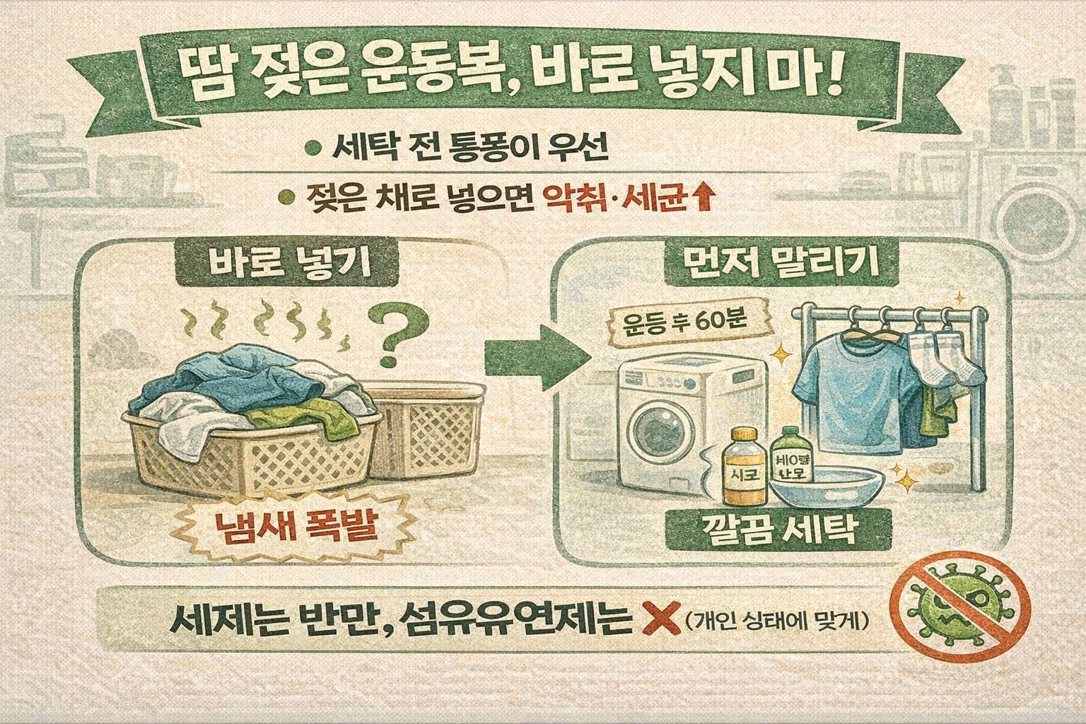 땀 젖은 운동복, 세탁기에 바로 넣지 마세요… 냄새 폭발 막는 세탁법(세제 절반·섬유유연제 금지)