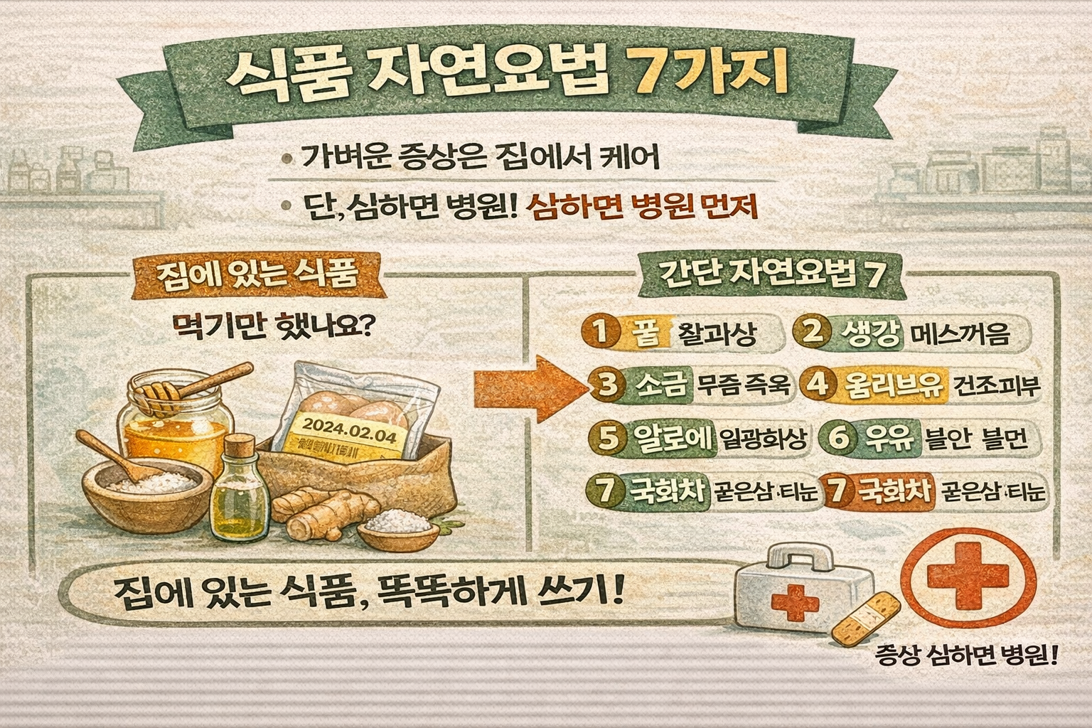 꿀·생강·소금만 먹지 마세요: 집에 있는 식품 자연요법 7가지(상처·무좀·일광화상까지)