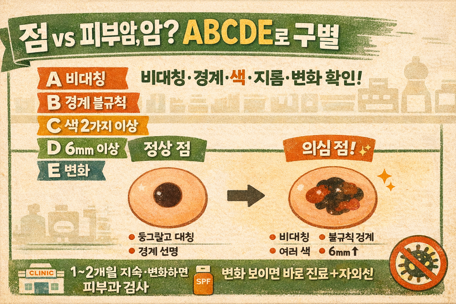 점 아니고 피부암? ABCDE 법칙으로 구별하는 5가지 신호(비대칭·경계·색·6mm·변화)