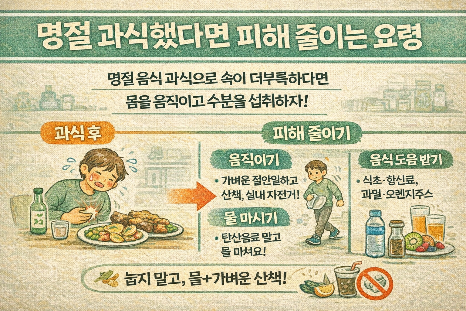 명절에 과식했다면 이렇게! 눕지 말고 10~15분 산책·물 충분히…피해 줄이는 요령과 도움 되는 음식(식초·향신료·과일)