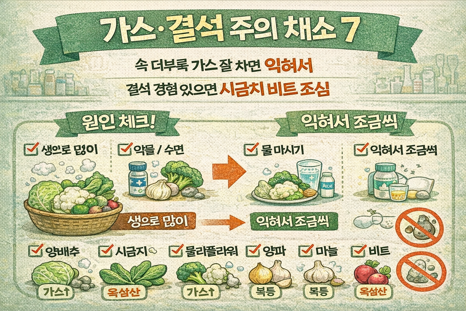 속에 가스 차고 결석 위험도? 조심해서 먹어야 할 채소 7가지(양배추·시금치·브로콜리 등)